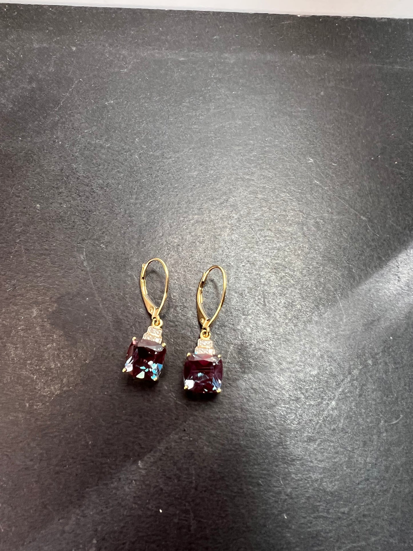 10k gold Lab alexandrite and diamond lever back earrings