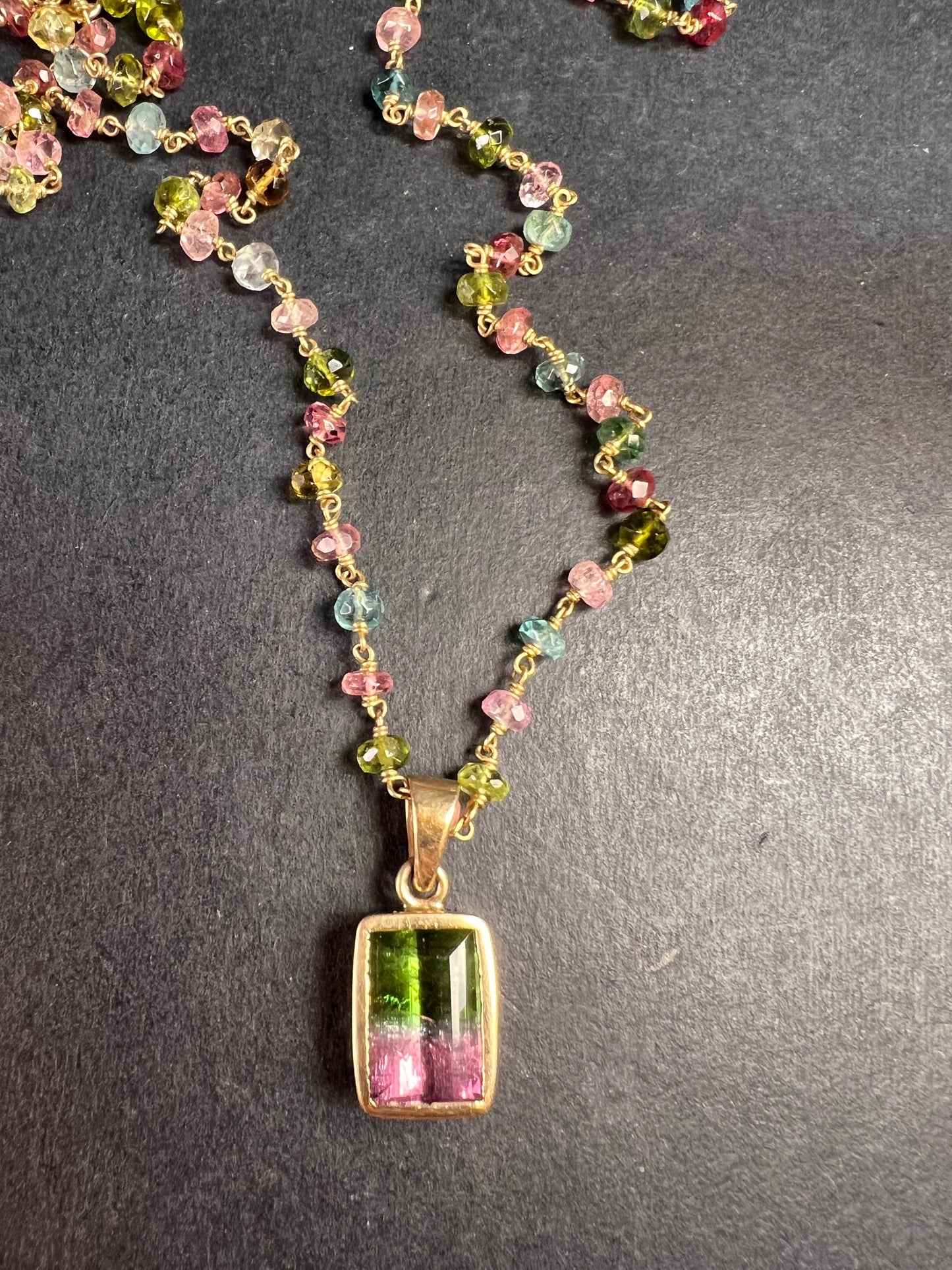 Vintage 14k & 18k gold watermelon tourmaline pendant necklace