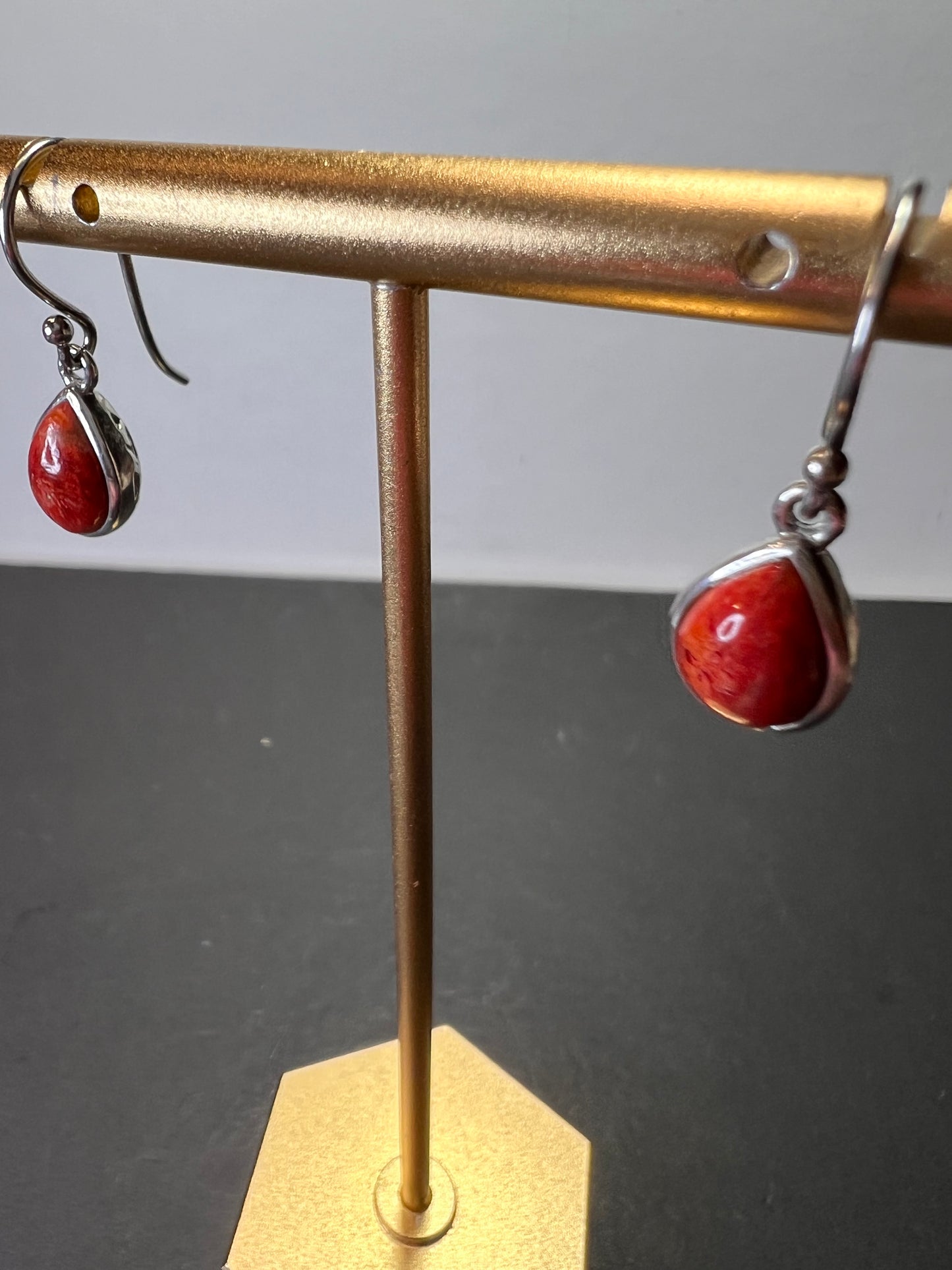 Red sponge coral sterling silver teardrop earrings