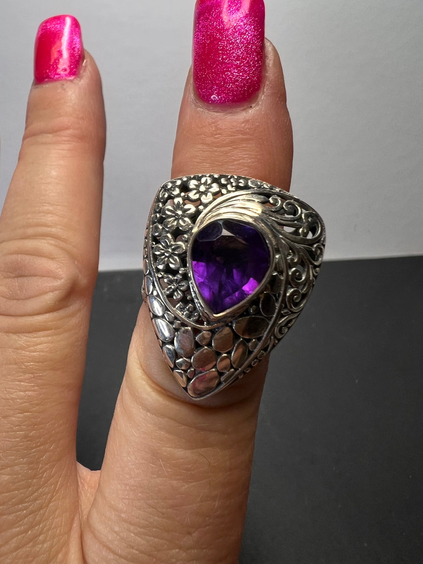 African amethyst planchette teardrop style sterling silver floral ring size 9