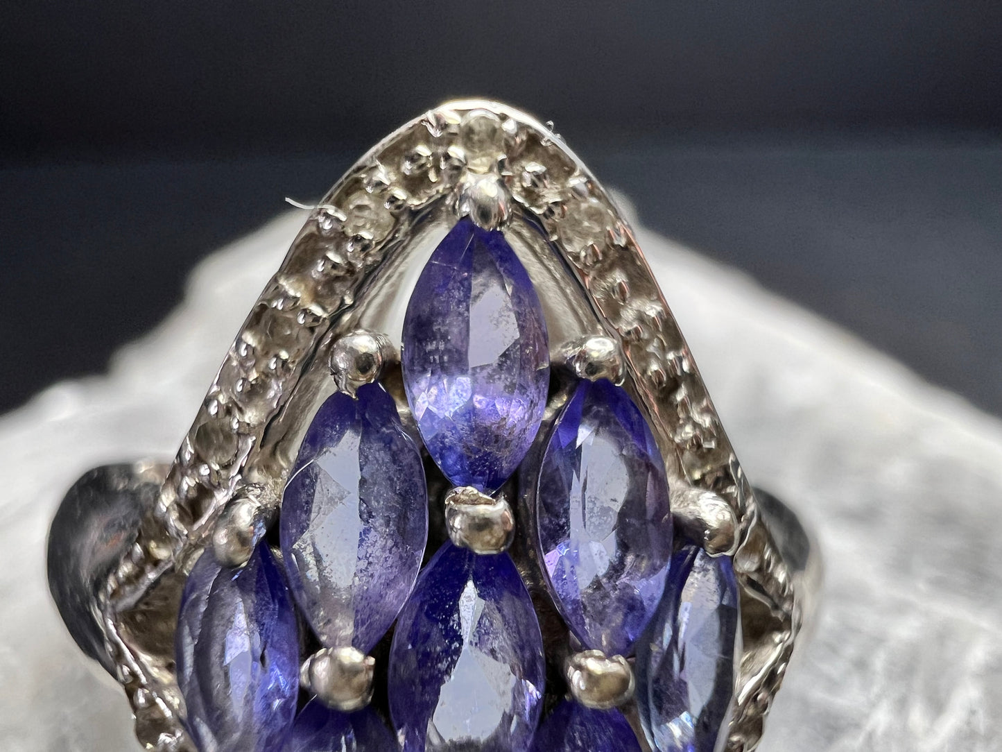 Vintage Tanzanite Diamond Sterling Silver Marquise Ring Size 9