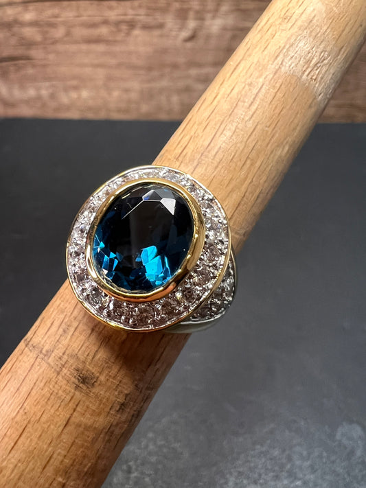 Lab blue spinel and CZ 18k rolled gold plated ring size 7