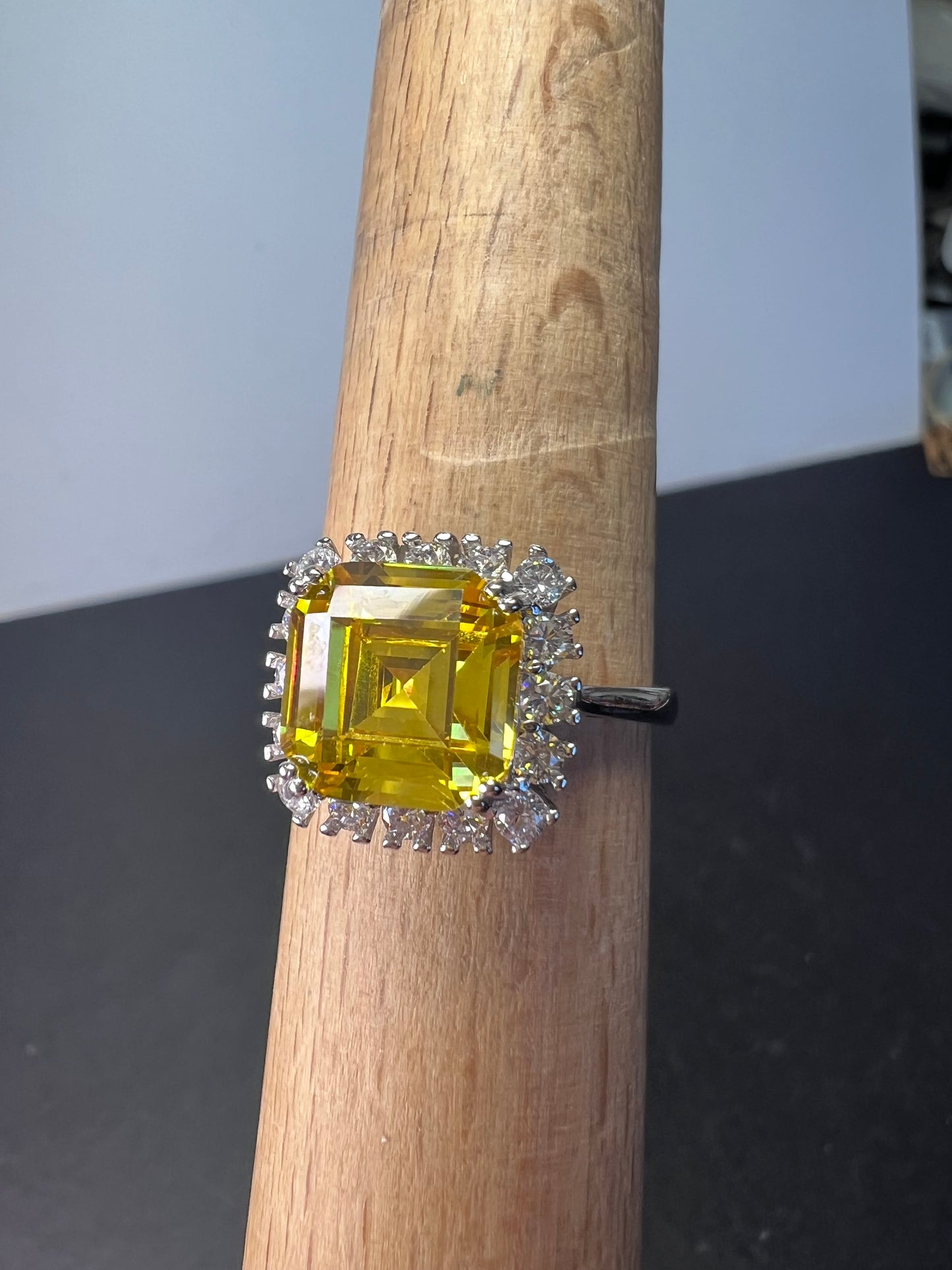 Yellow and white CZ sterling silver halo ring size 10