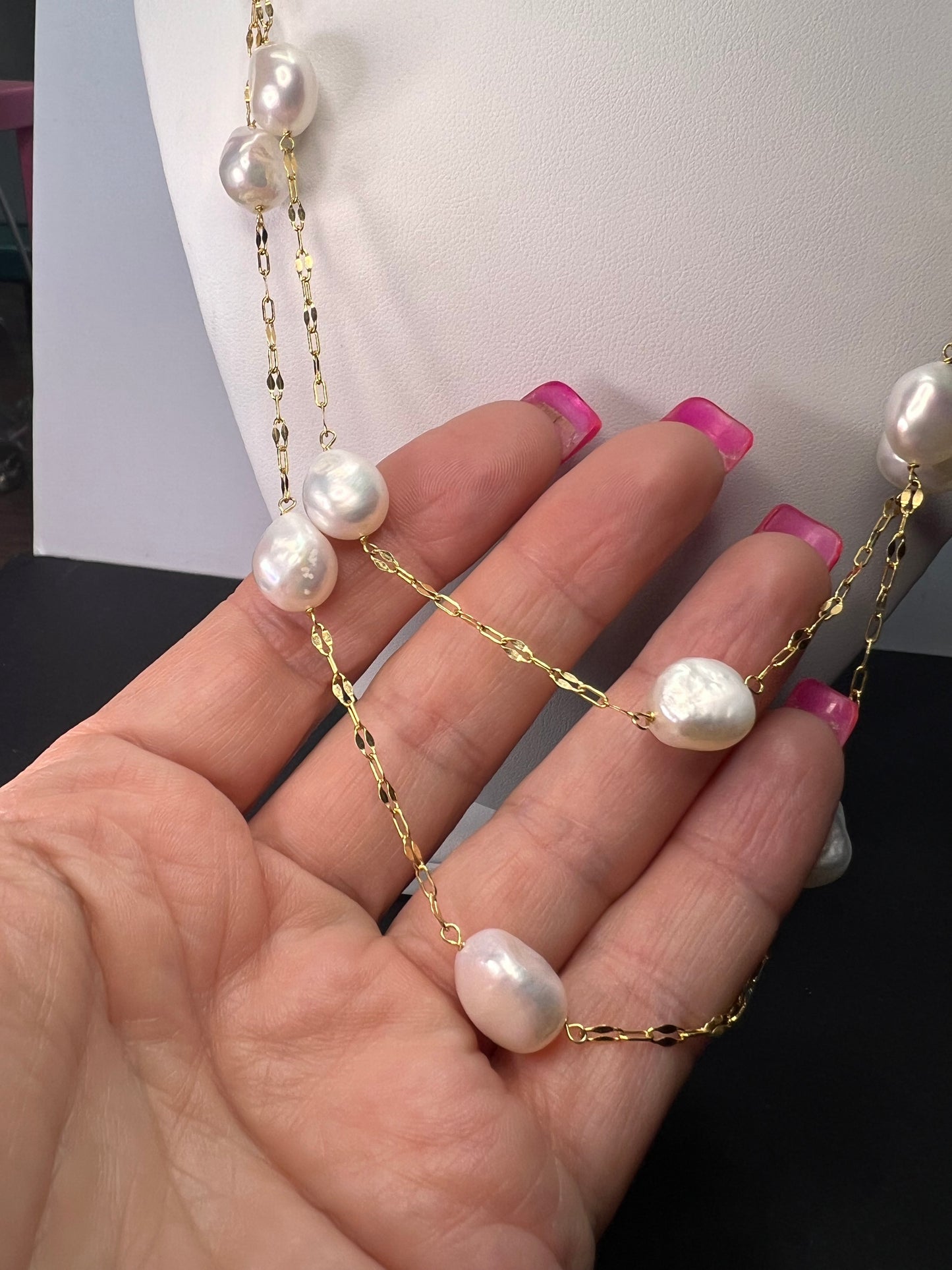 10.5-11mm white cultured freshwater pearl double strand station necklace in 18k yellow gold over sterling silver