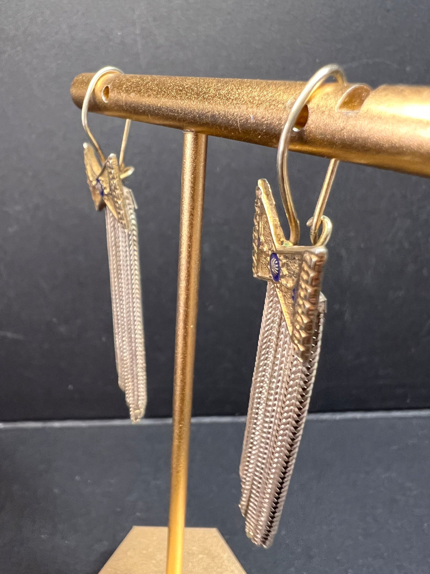 Vintage Turkish sterling silver foxtail fringe enamel bow earrings