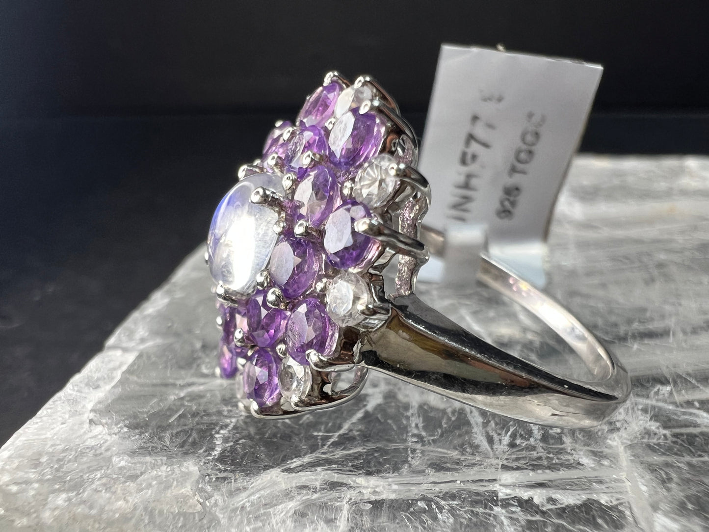 Rainbow Moonstone Amethyst White Topaz Sterling Ring Sz 9