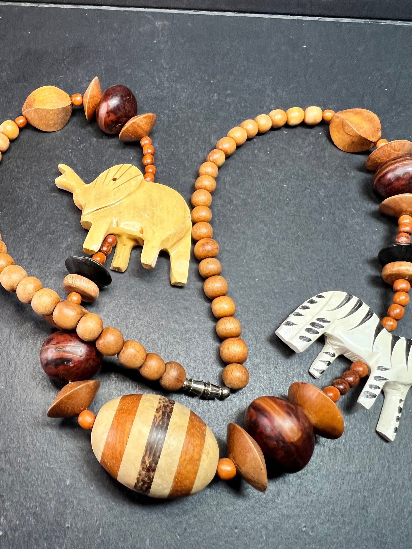 Vintage Carved Animal Wood Bead Statement Necklace 30”