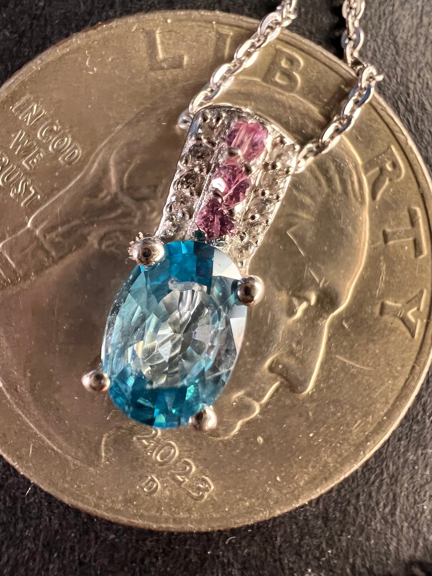 NEW Blue zircon and pink sapphire sterling silver pendant and chain