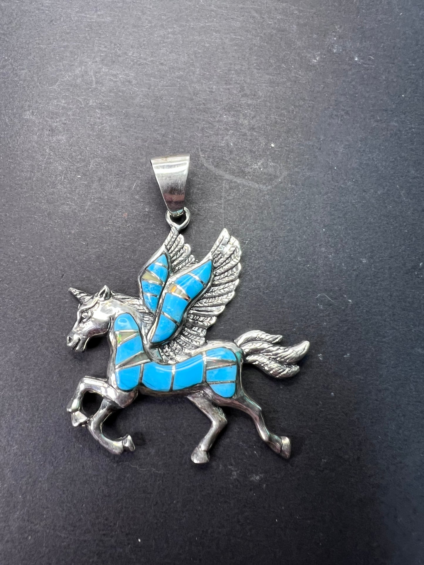 Turquoise and lab opal inlay Pegasus unicorn sterling silver pendant