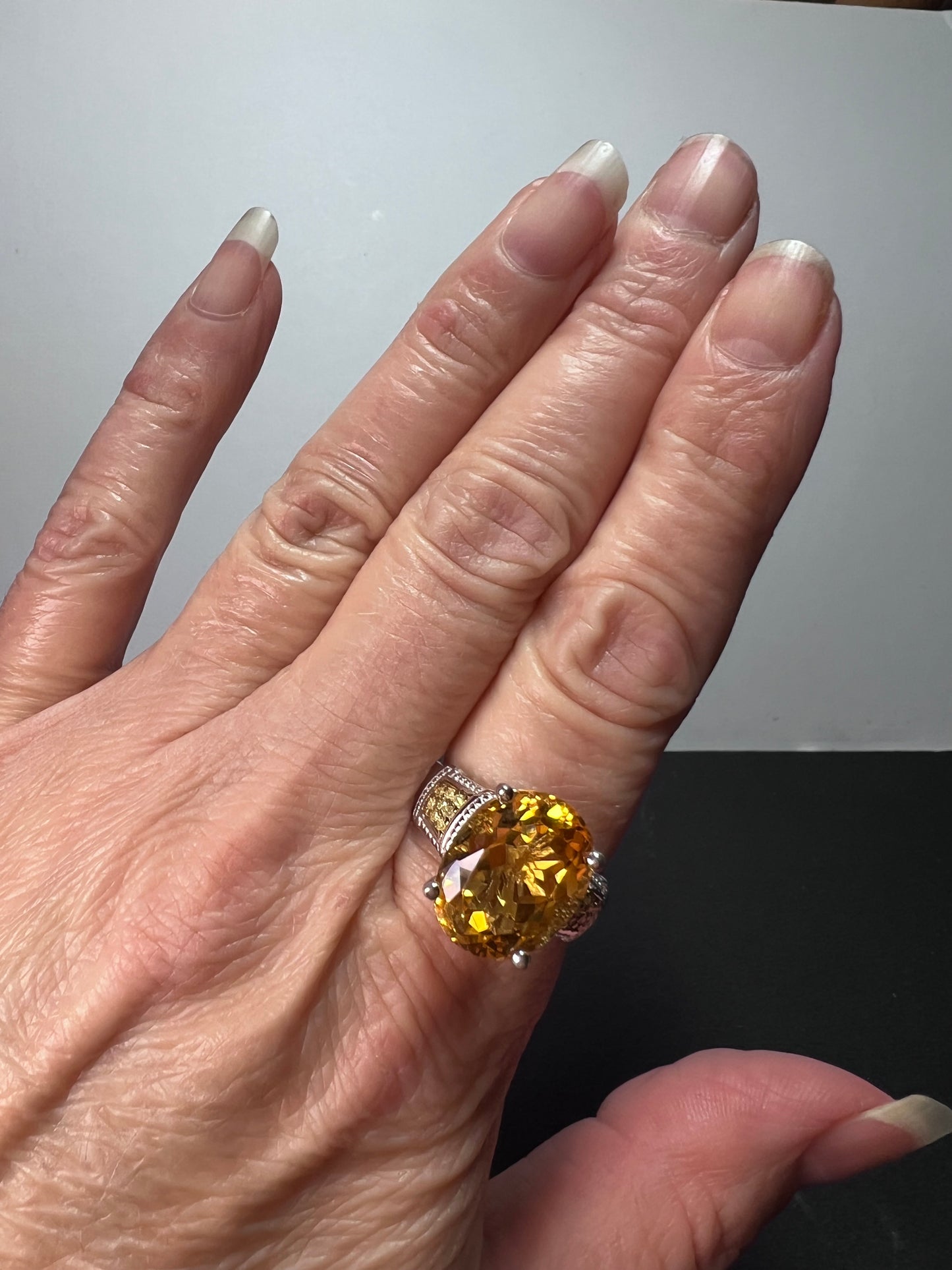 Citrine and yellow diamond ring in sterling silver size 10. 7.55 ctw