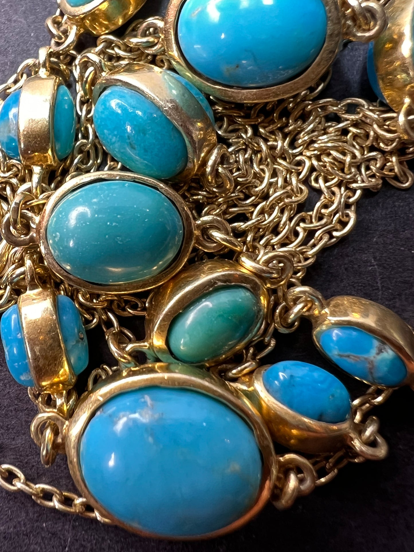 Turquoise 36 inch station necklace in vermeil yellow gold over sterling silver