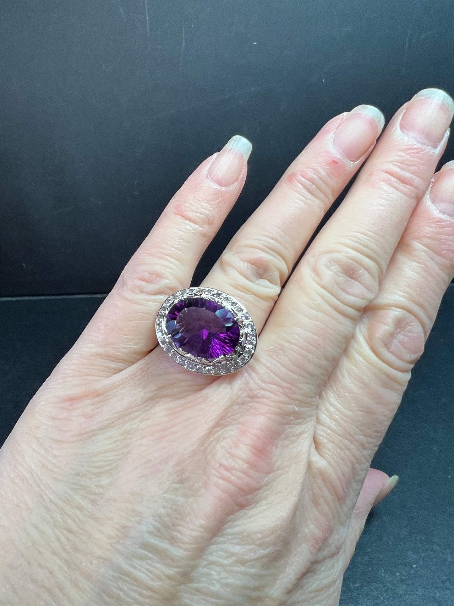 Sterling Silver Purple Fluorite & White Topaz Halo Ring Size 6