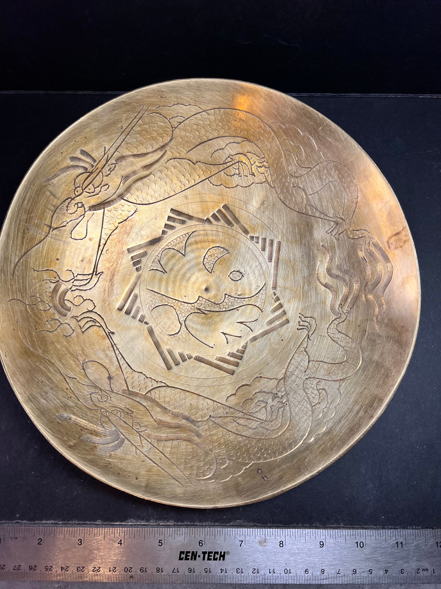 Antique 1920s Chinese Etched Brass Dragon Bowl - 10” Hand Engraved MCM Decor