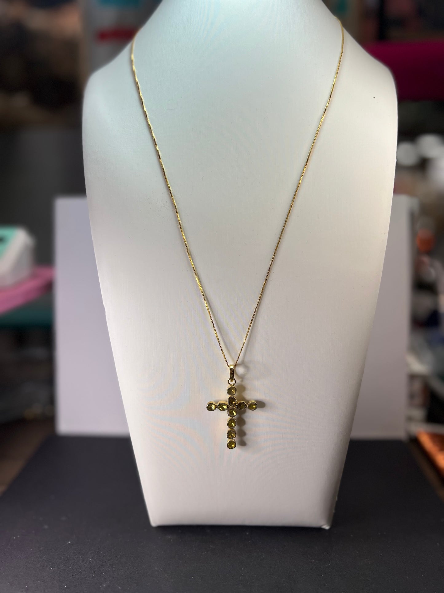 Yellow polki diamond cross pendant and chain in gold over sterling silver