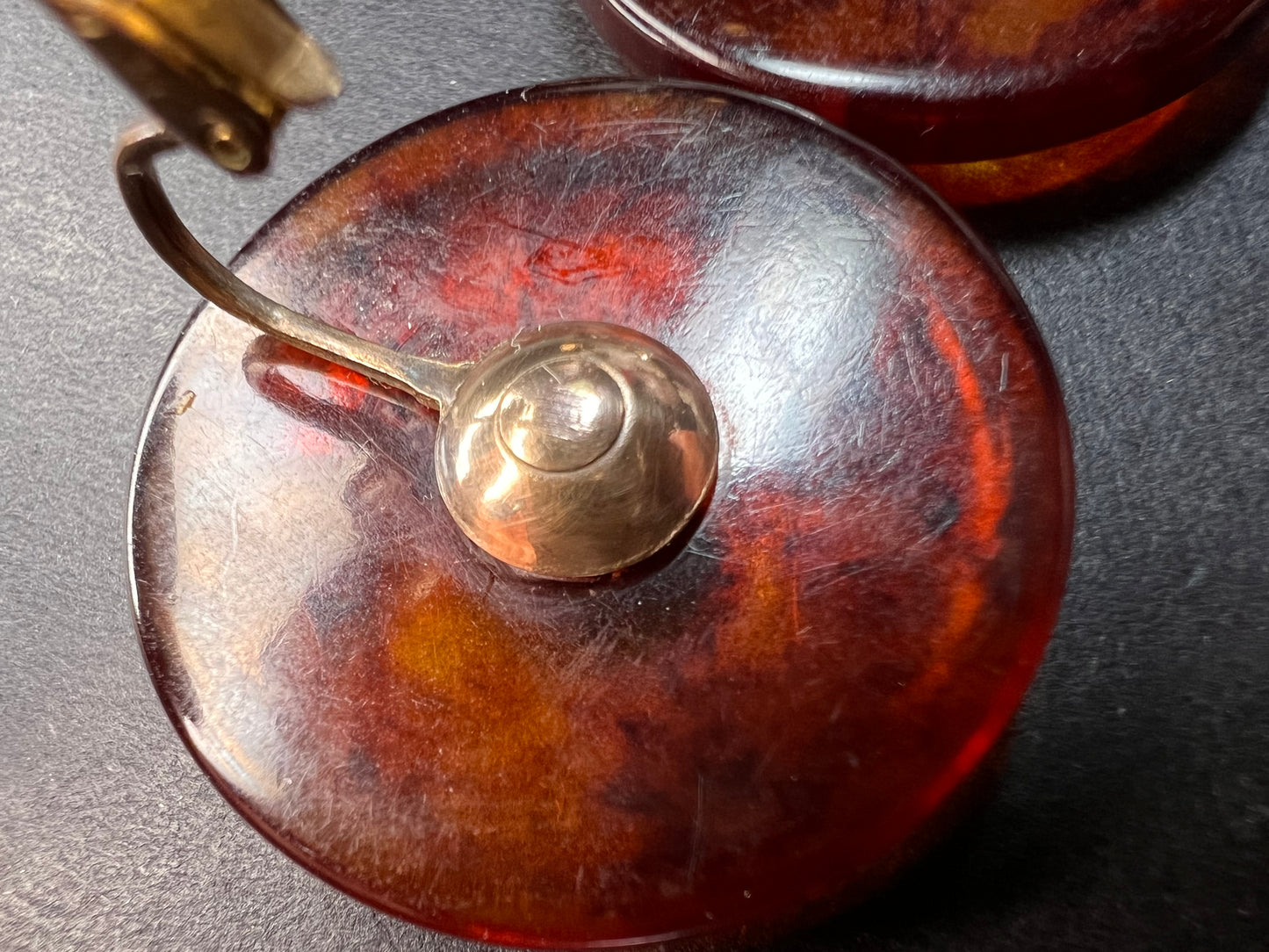 Vintage root beer Bakelite clip on button earrings