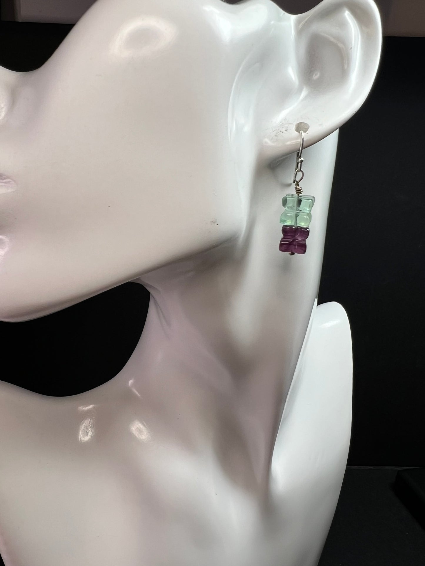Sterling Silver Carved Fluorite Flower Drop Earrings