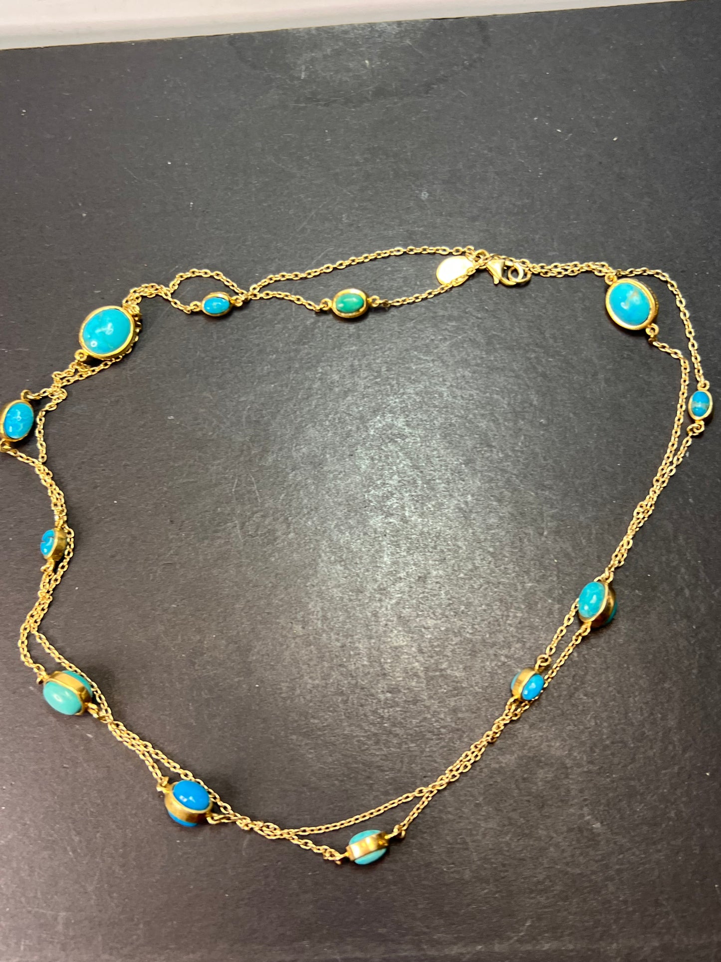 Turquoise 36 inch station necklace in vermeil yellow gold over sterling silver