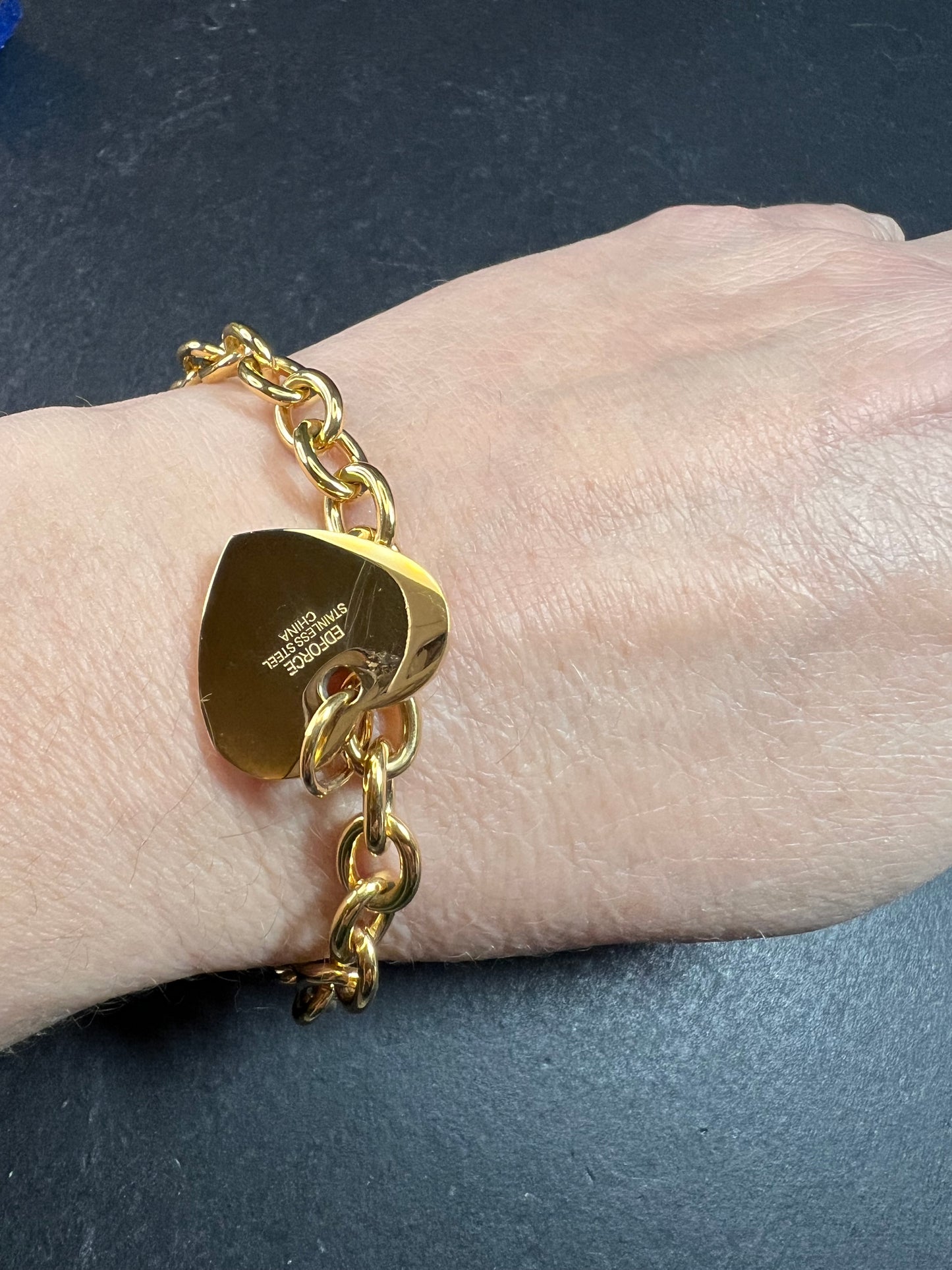 EDFORCE Gold Tone Stainless Steel Chunky Link Heart Charm Bracelet 7.5" NWOT