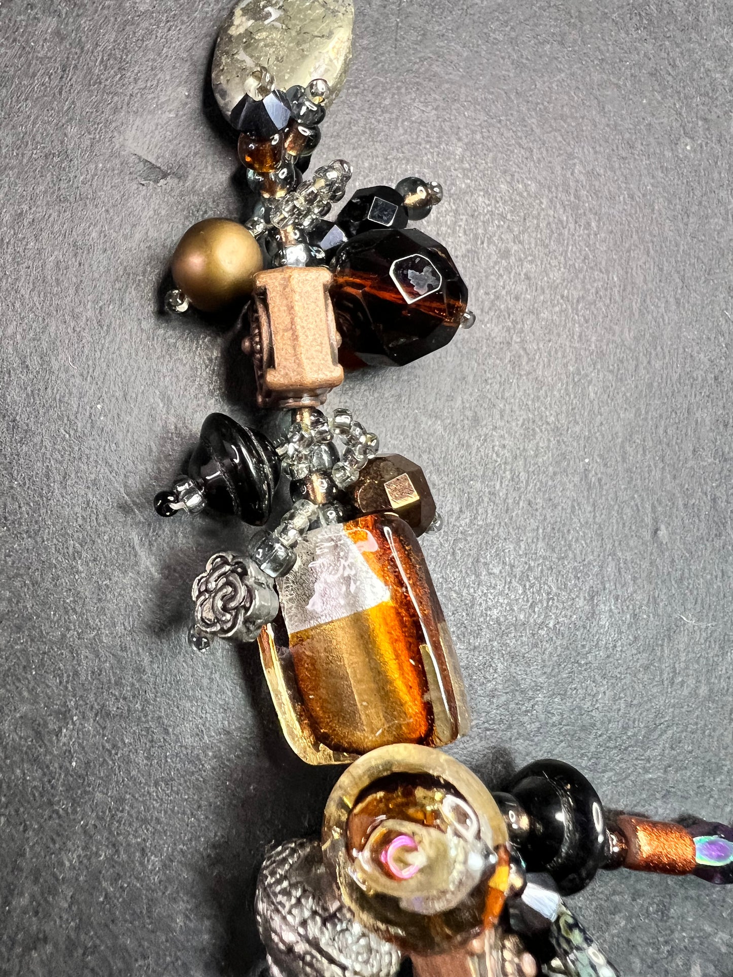 Artisan Copper Wire Necklace Glass Onyx Pyrite Amber Pearl 17”