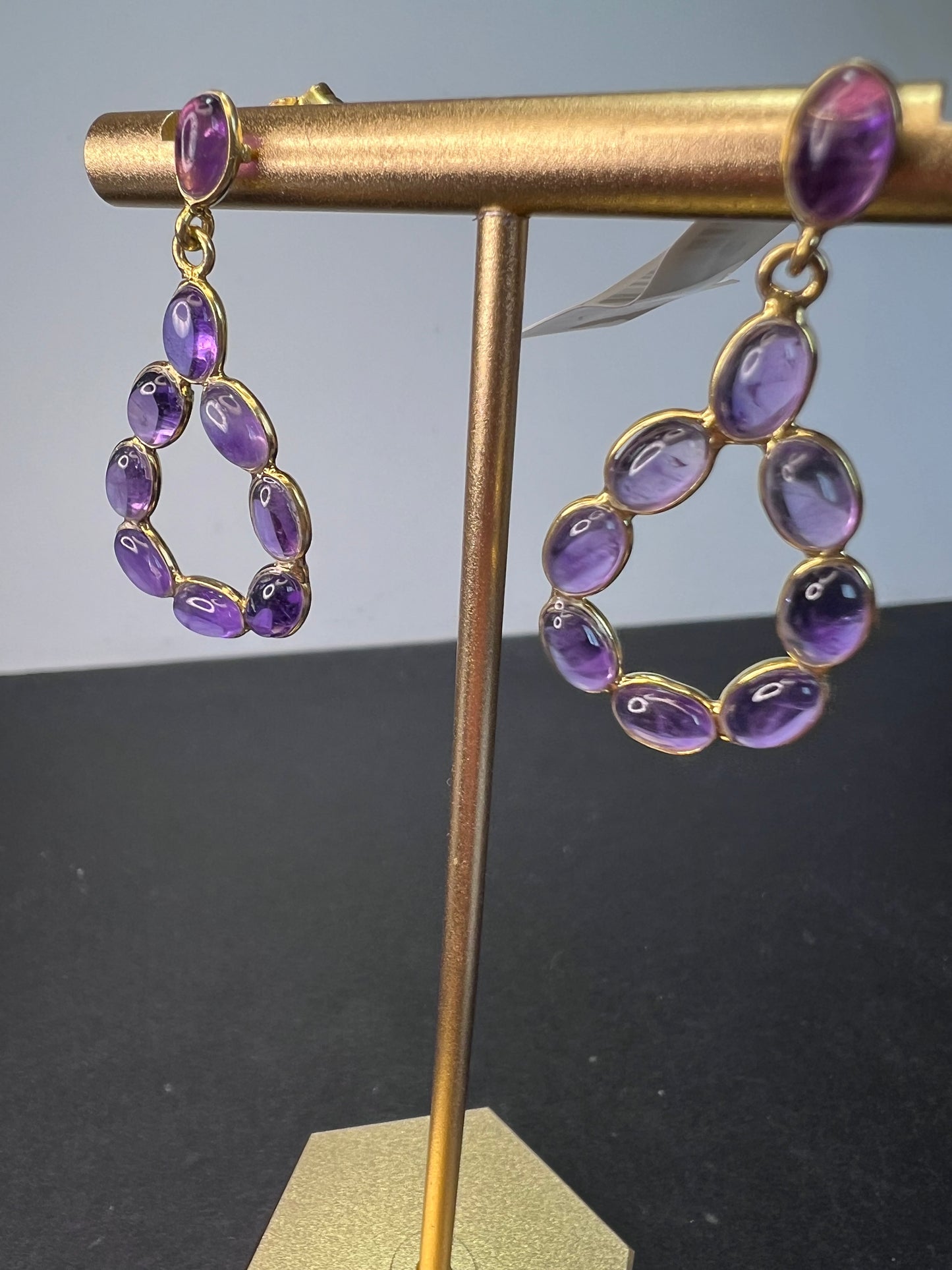 New amethyst teardrop hoop earrings in 18k gold over sterling silver