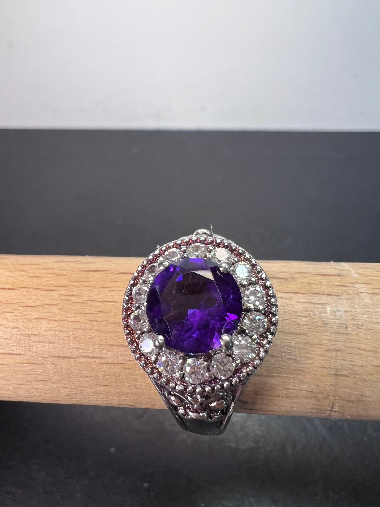 Amethyst and white spinel sterling silver halo ring size 9