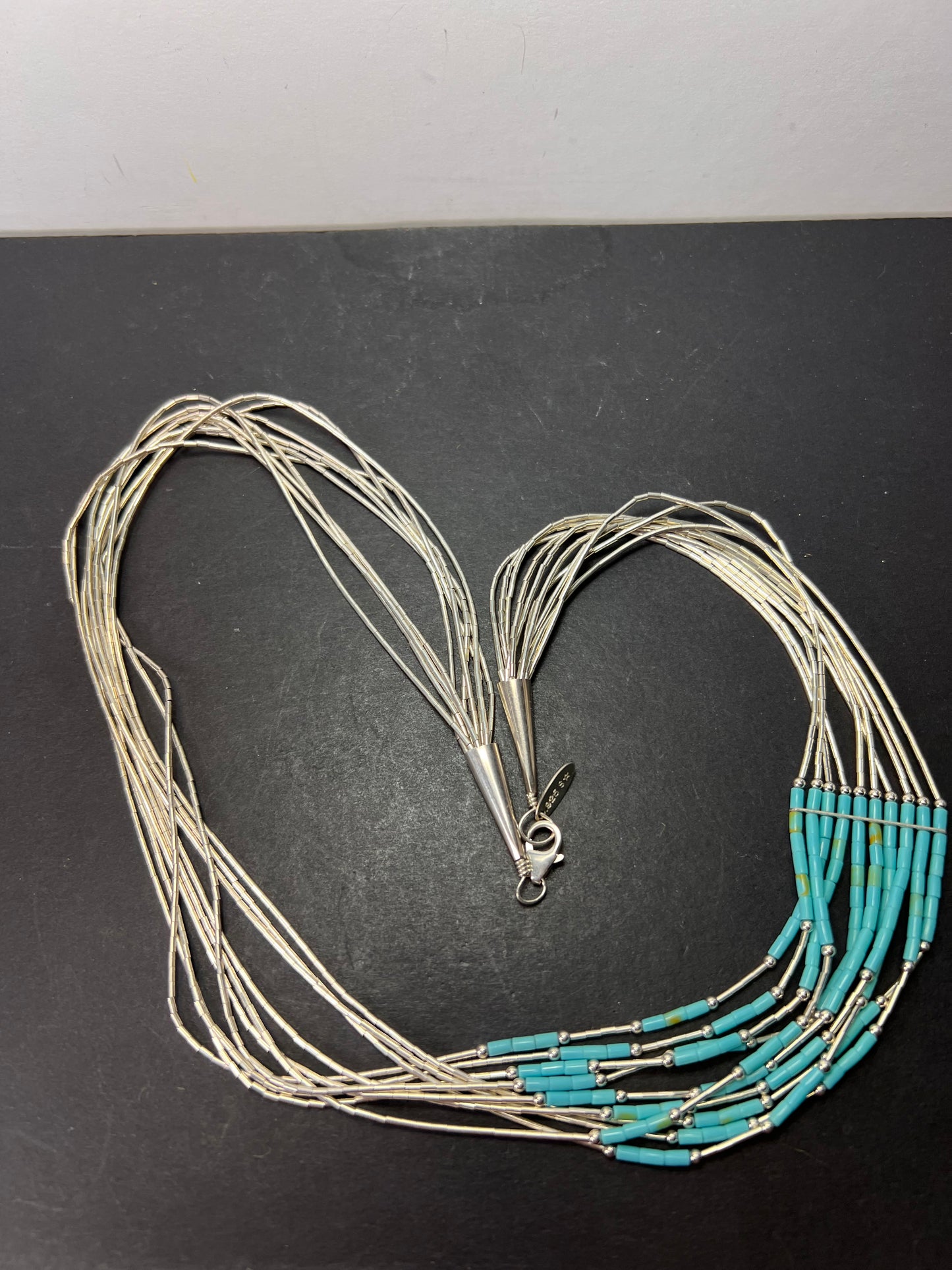 Southwest style liquid silver heishi turquoise 10 strand necklace