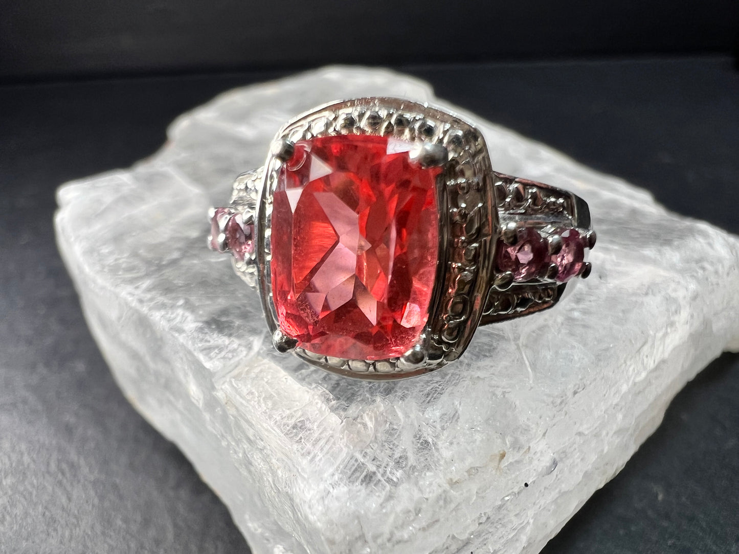 Sterling Silver Peach Red Quartz Doublet & Pink Tourmaline Ring 8.75