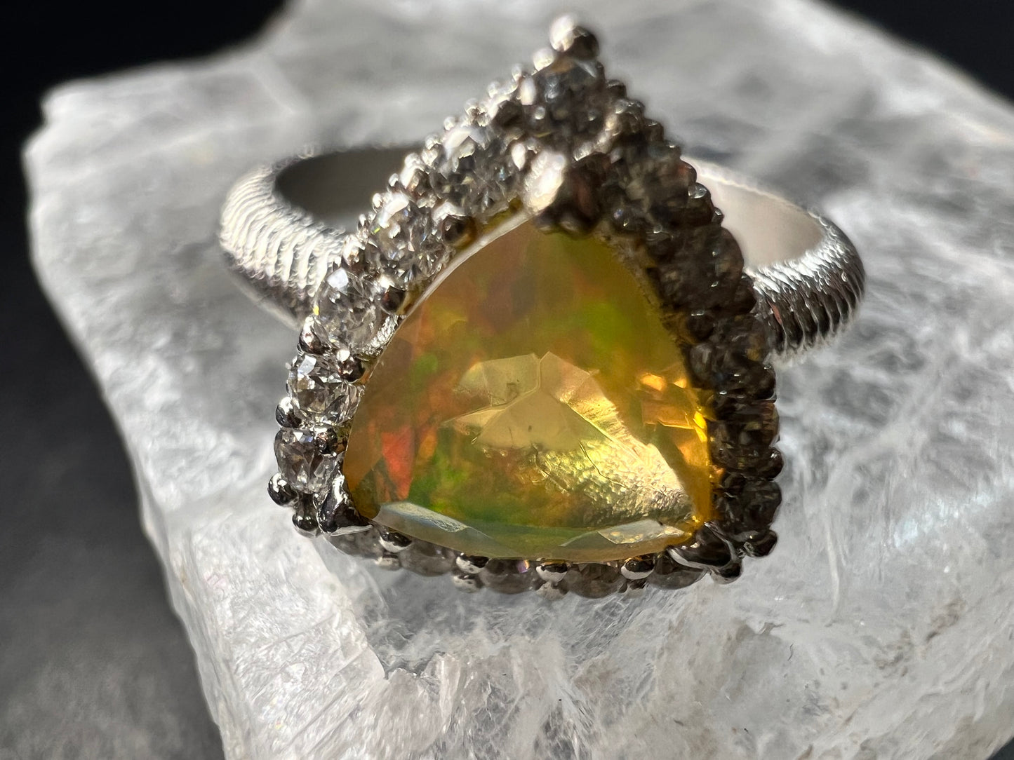Ethiopian Opal Halo Ring Sterling Silver Size 7 Trillion Cut