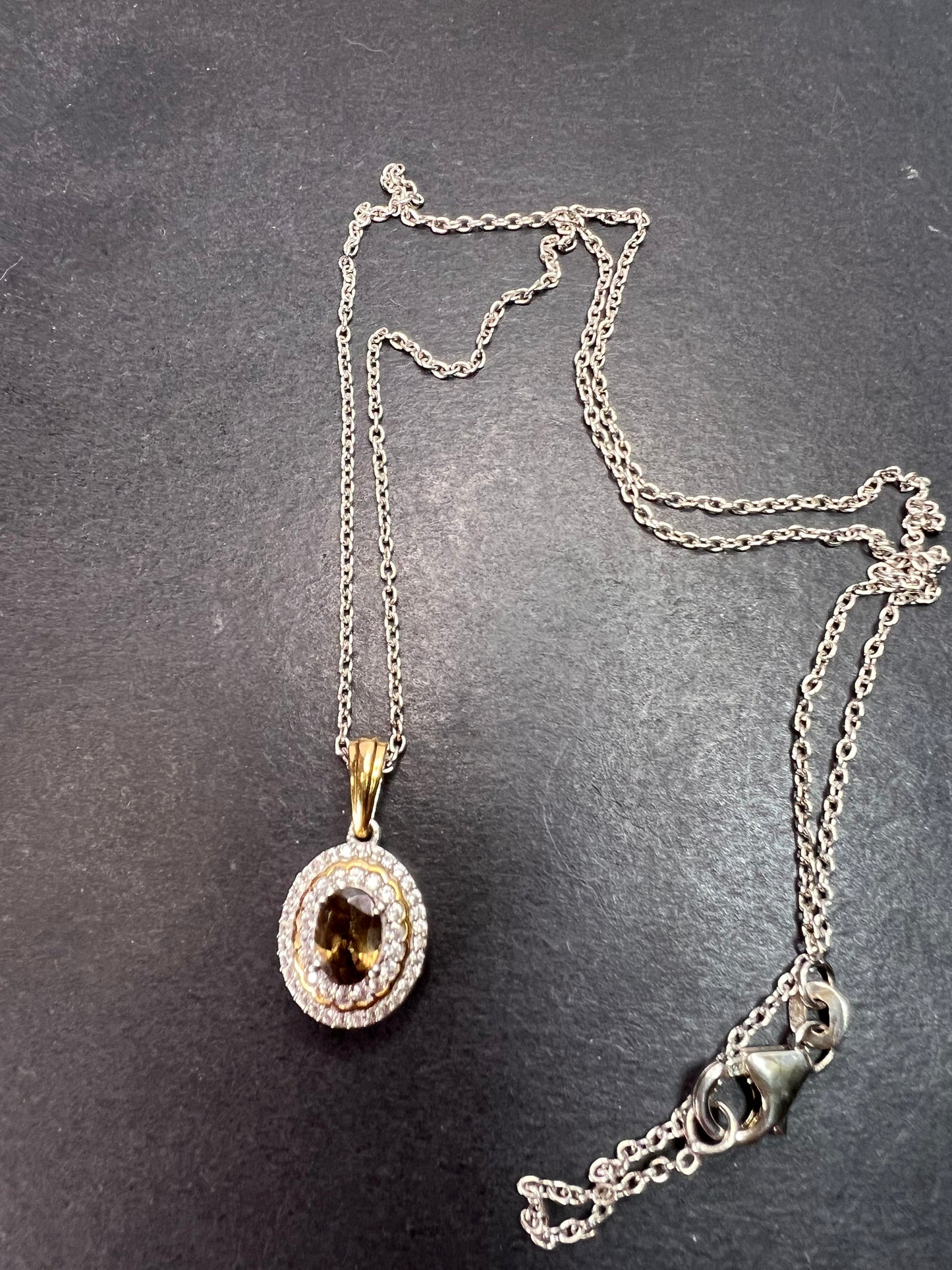 Golden tanzanite and zircon double halo two toned sterling silver pendant and chain necklace