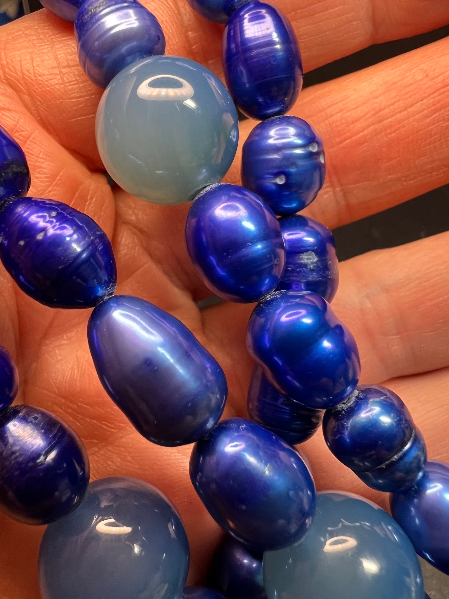 NEW blue freshwater pearls and agate 32 inch necklace with sterling silver clasp