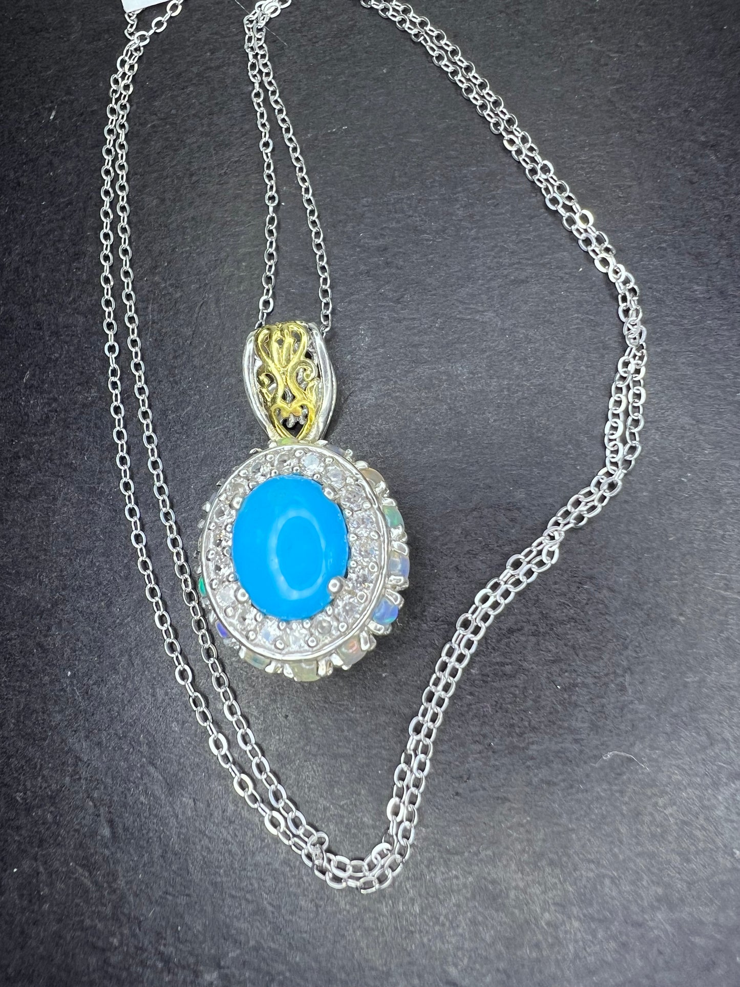 New Opal and sleeping beauty turquoise halo pendant and 20 inch chain necklace