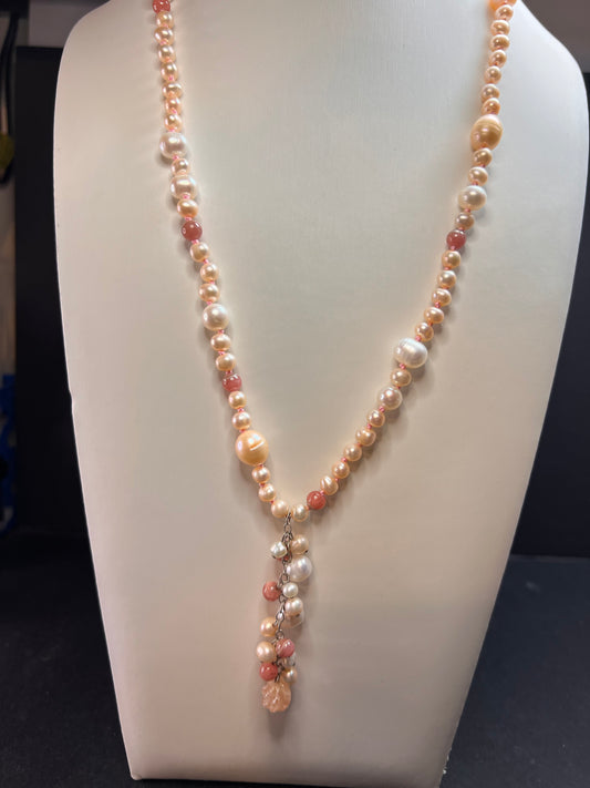 NEW freshwater pearl, rhodochrosite and morganite necklace with sterling silver clasp