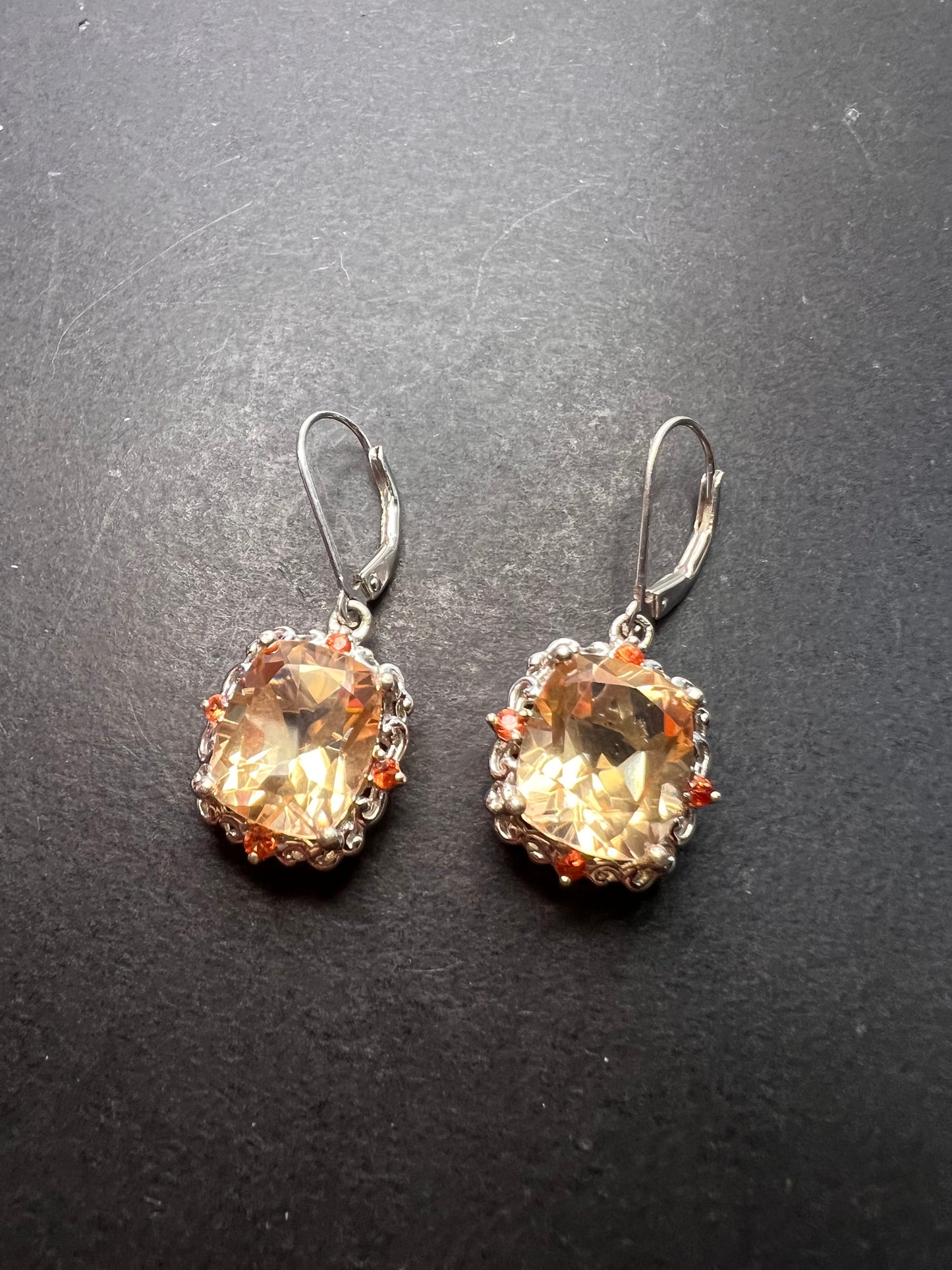 Morganite quartz and orange spinel sterling silver lever back earrings OOP