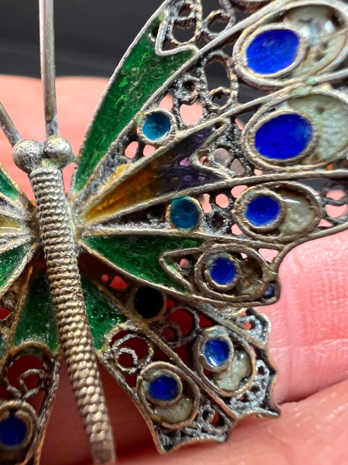 Vintage Alieti Adriana 800 silver Italian enameled filigree butterfly brooch pin