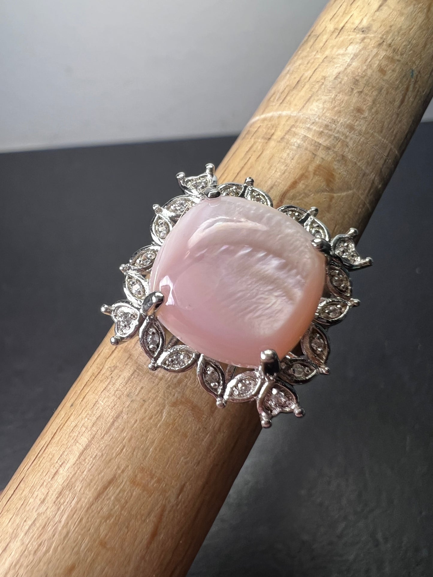 Pink Mother-of-Pearl With White Zircon Rhodium Over Sterling Silver Ring size 8