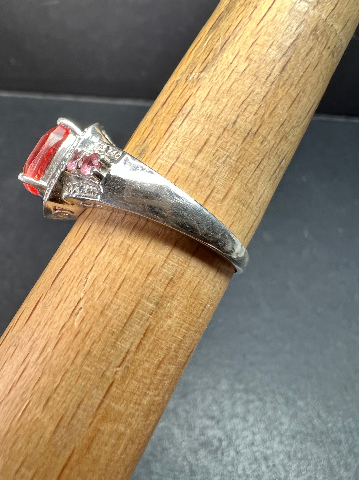 Sterling Silver Peach Red Quartz Doublet & Pink Tourmaline Ring 8.75
