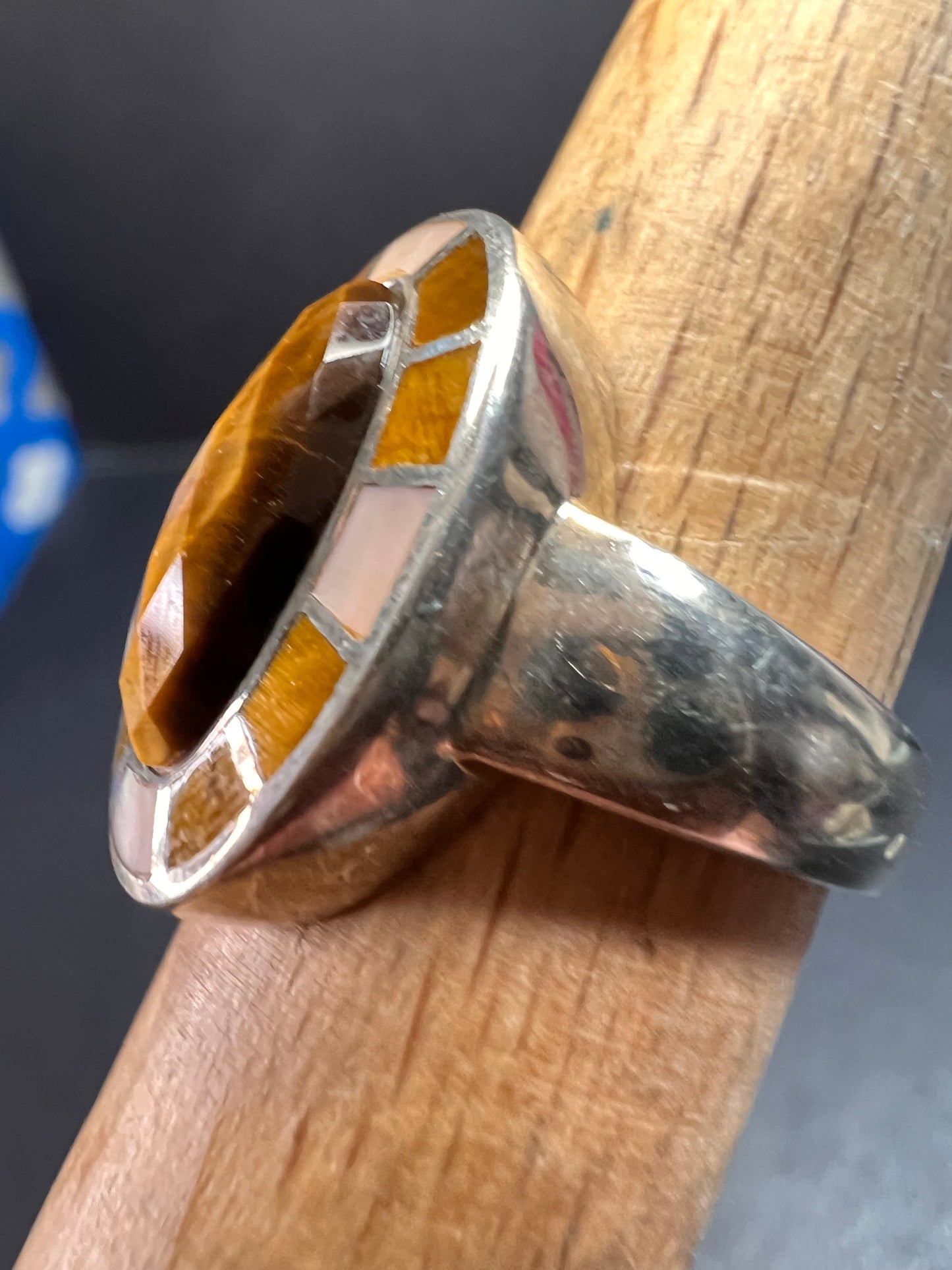 Whitney Kelly tigers eye and mother of pearl sterling silver ring size 7