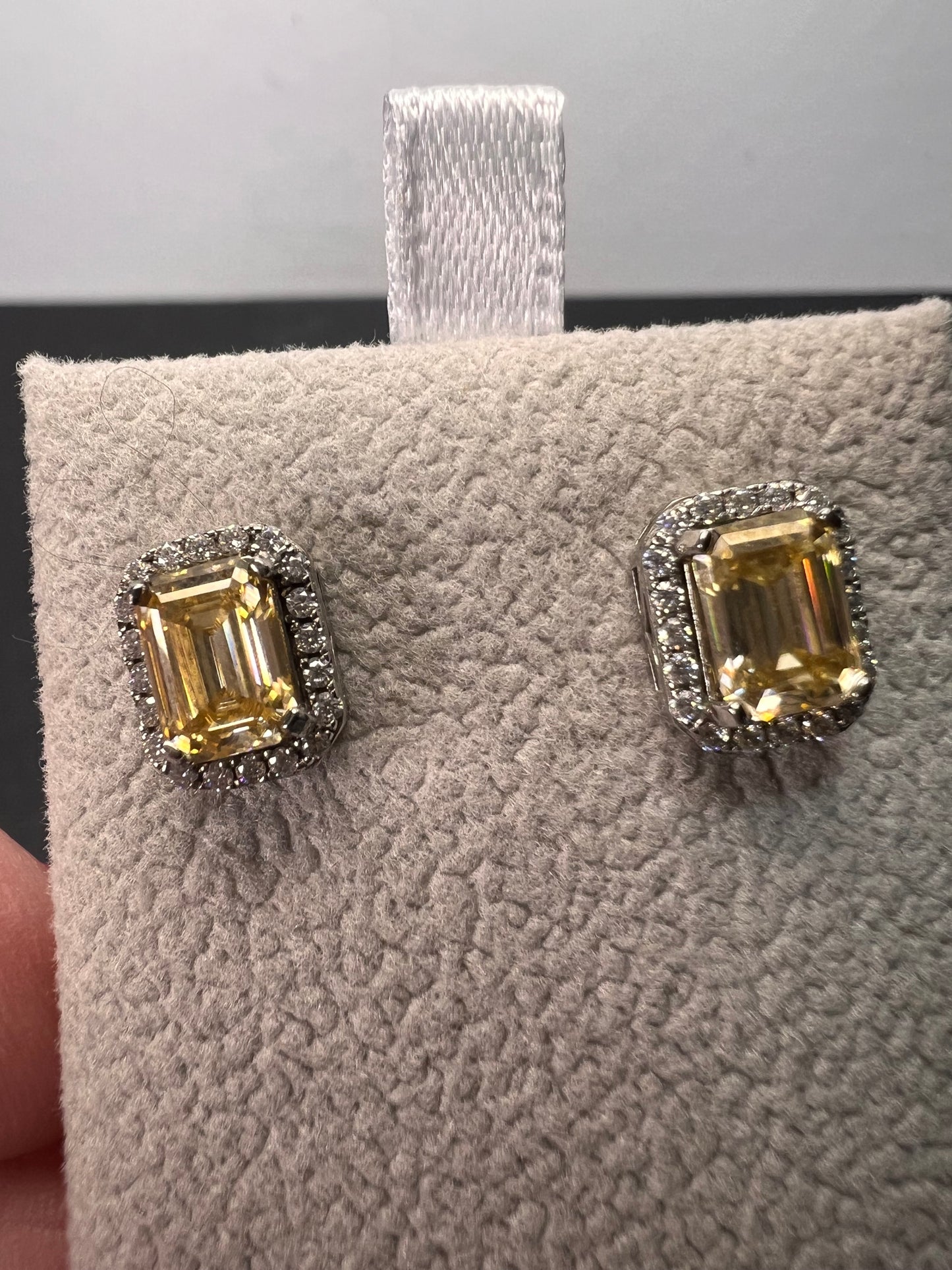 Yellow and white moissanite halo stud earrings in rhodium over sterling silver 2.35ctw