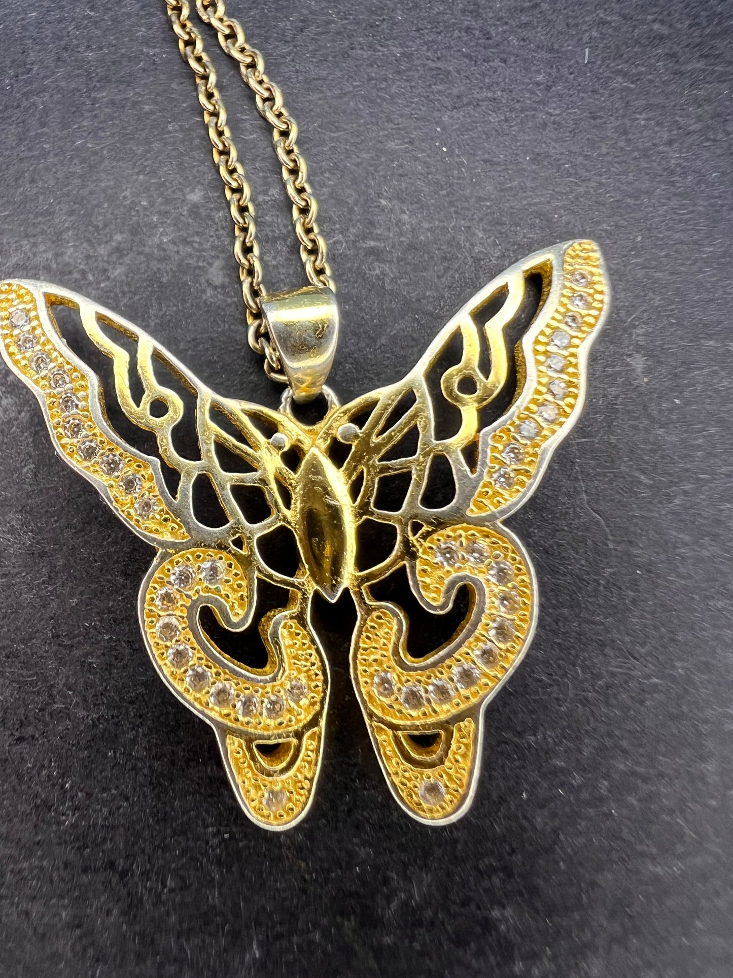 Butterfly CZ gold over sterling silver pendant and chain necklace