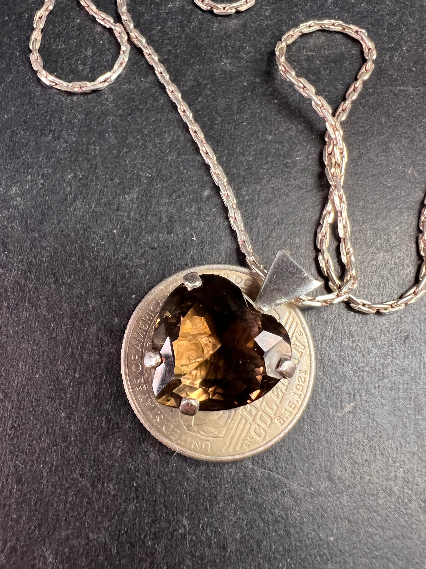 Vintage Smoky Quartz Heart Pendant Necklace Sterling Silver 20”