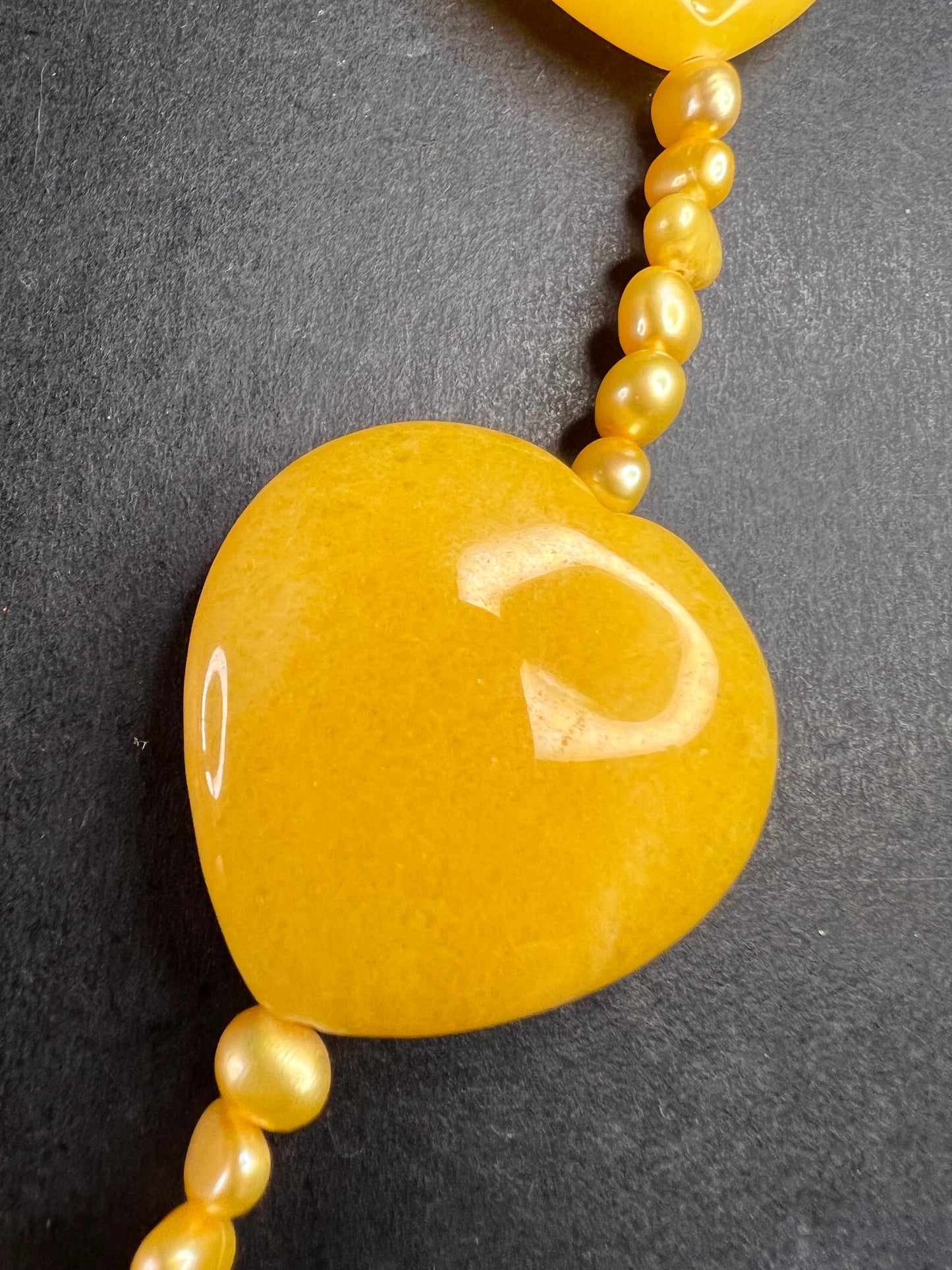 NEW yellow quartzite hearts and pearl station necklace with sterling silver clasp