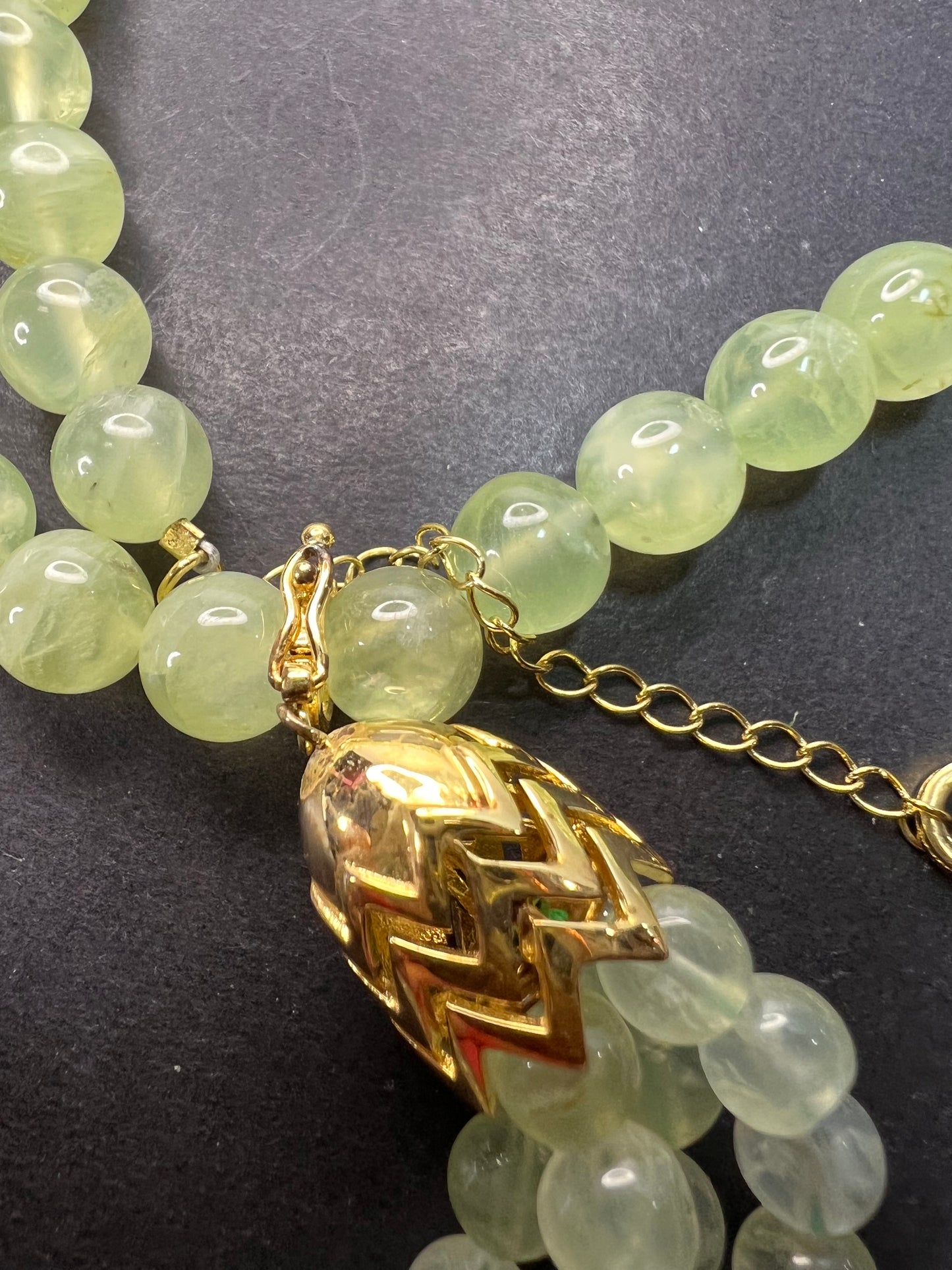 Prehnite beaded 24 inch necklace with removable tassel pendant and gold over sterling silver lobster clasp and extender