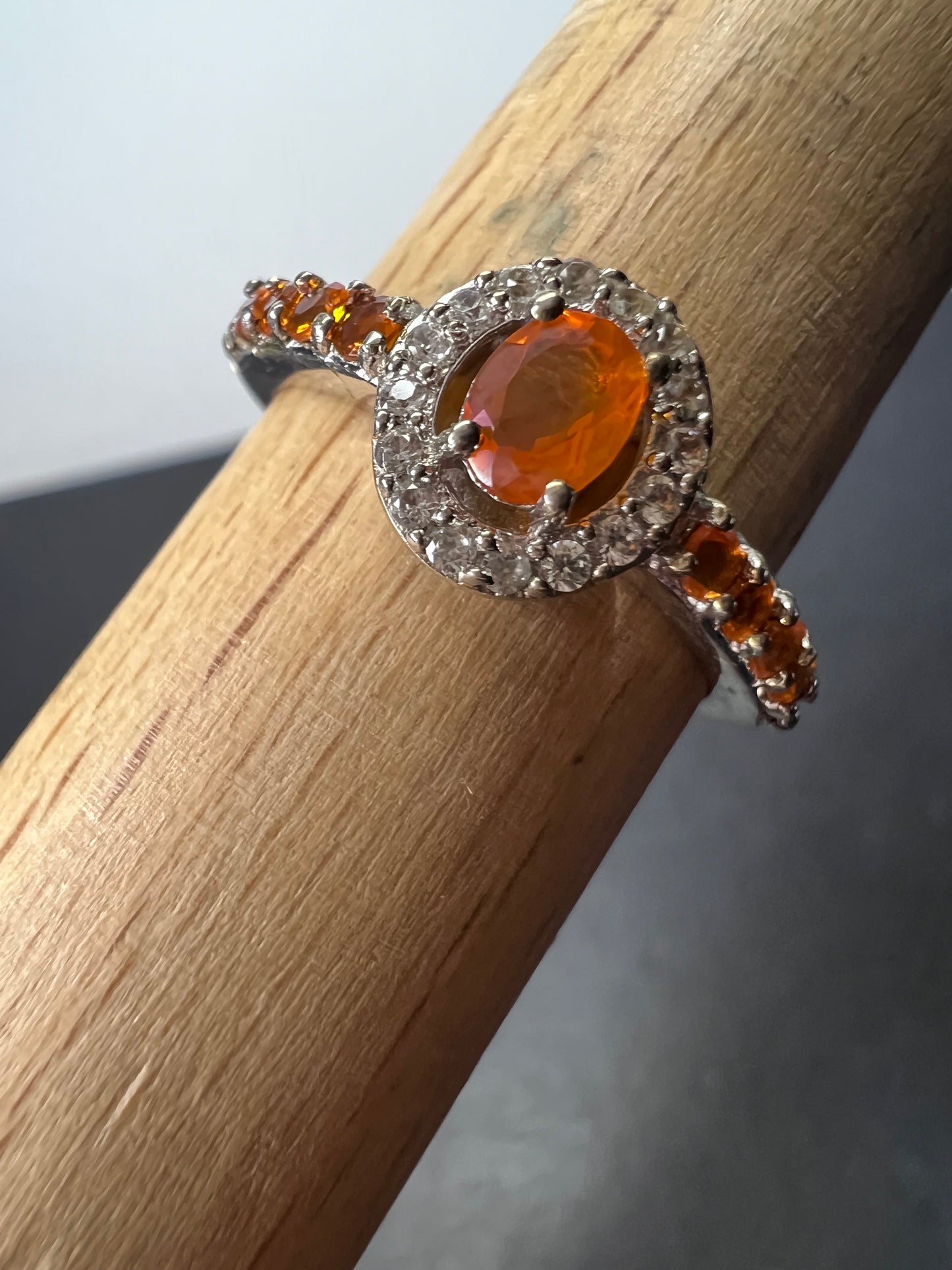 Mexican fire opal halo ring in sterling silver size 9