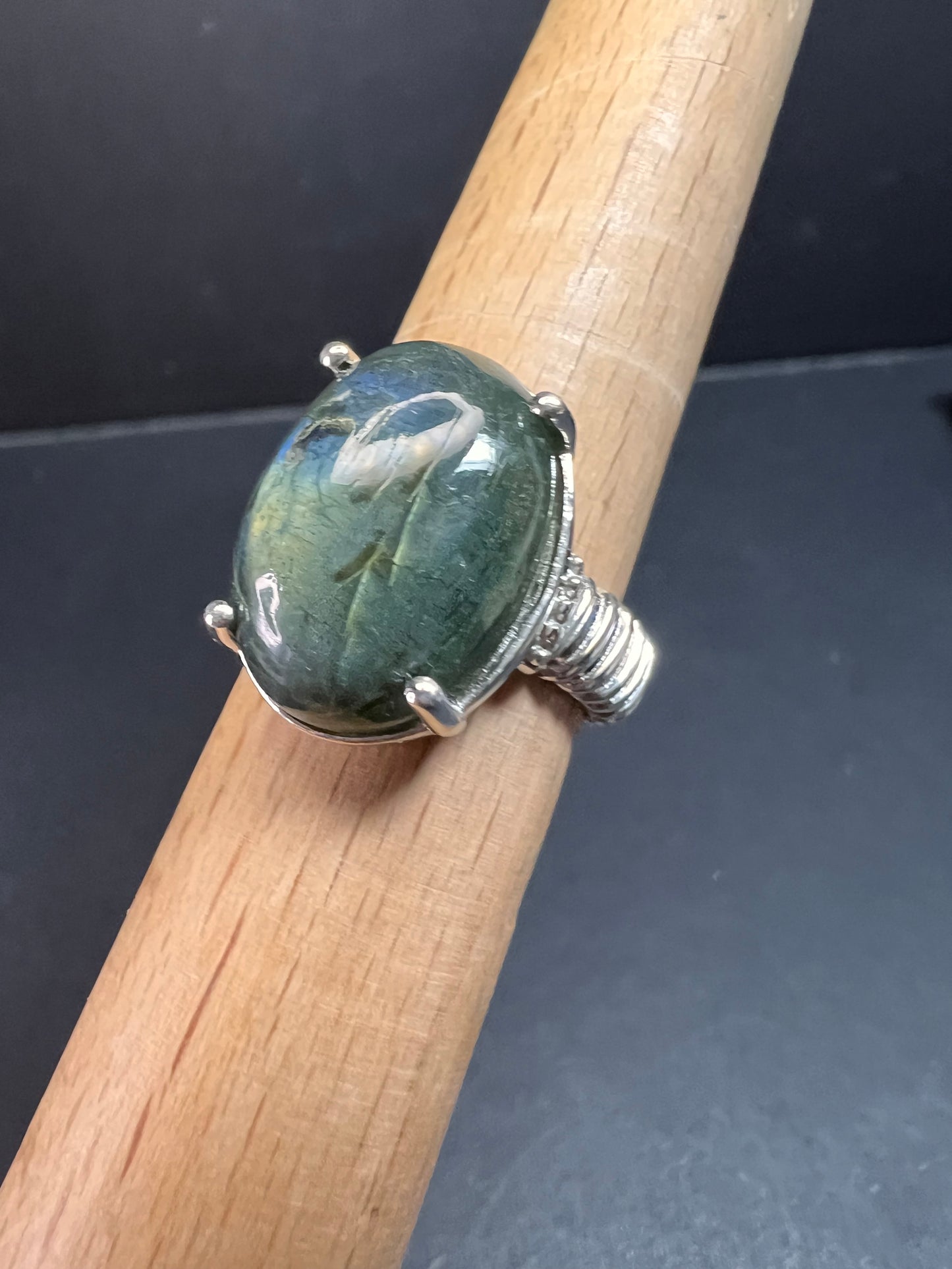 NEW labradorite ring in platinum over brass size 8