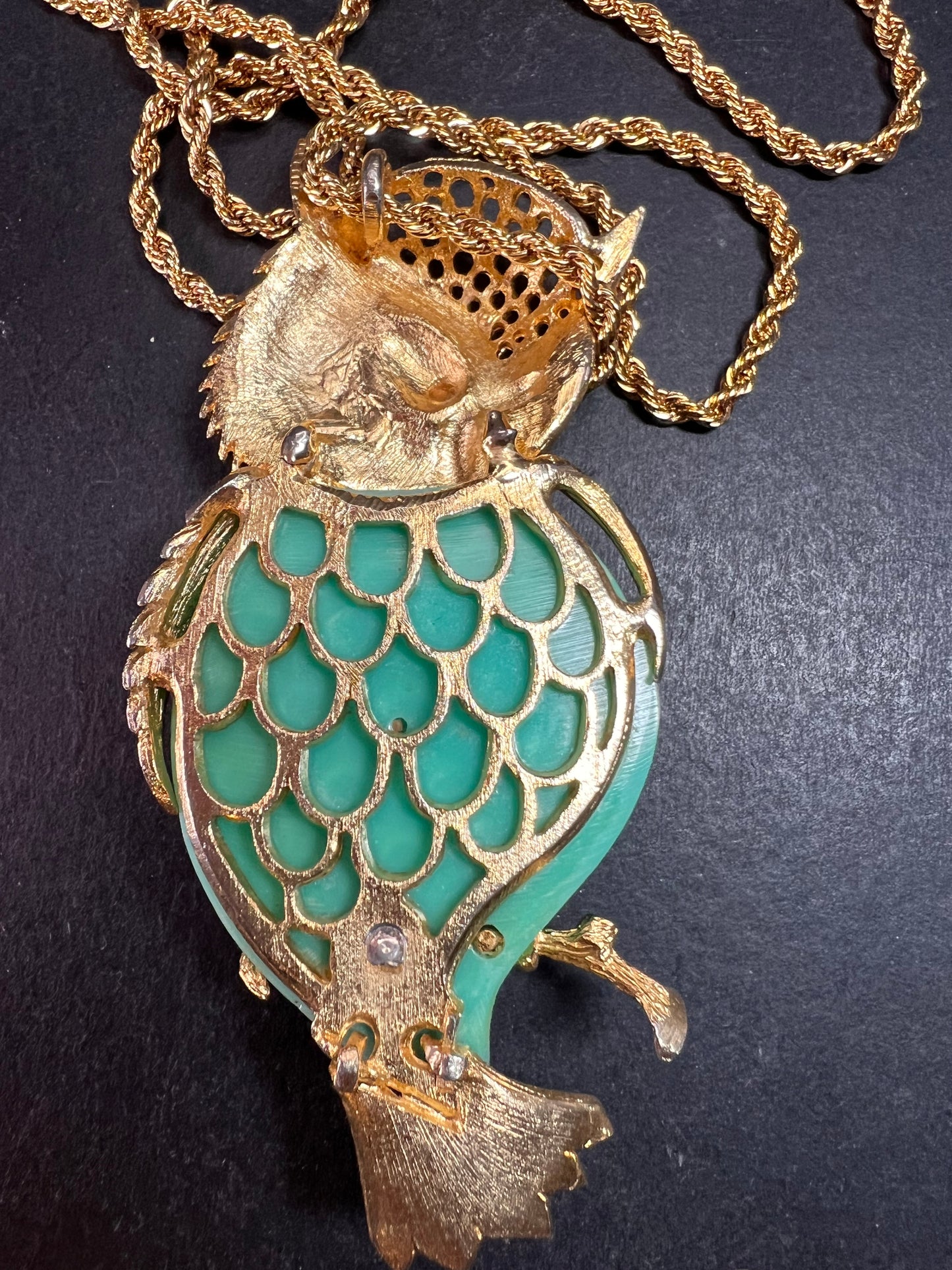 Spectacular Vintage 70s Owl Pendant Necklace | Long 36" Rope Chain | Turquoise