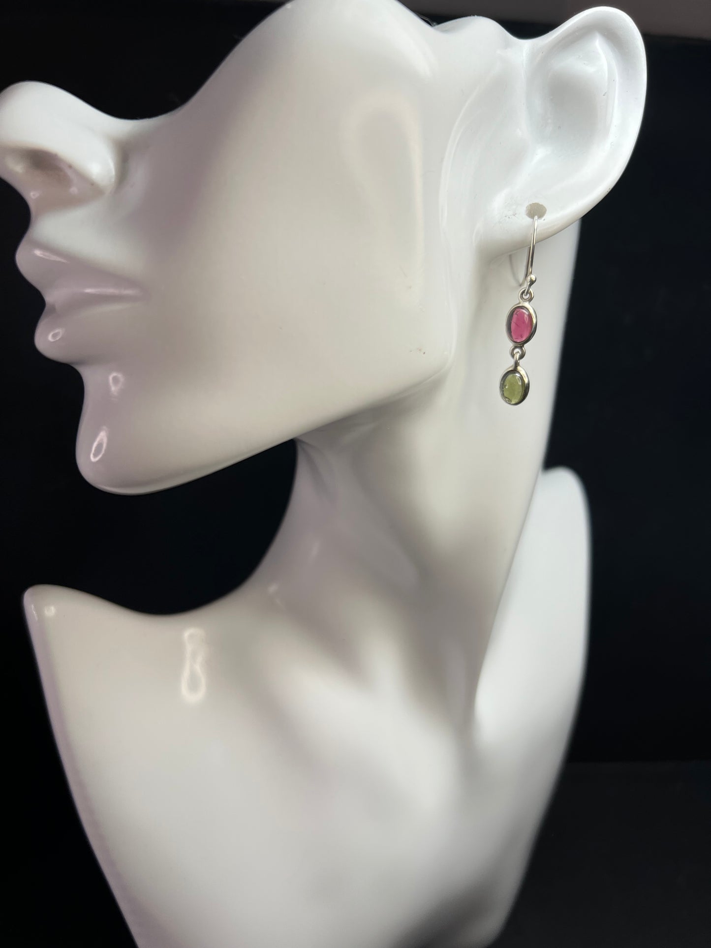 Vintage Sterling Silver Pink & Green Tourmaline Dangle Earrings Nature Company