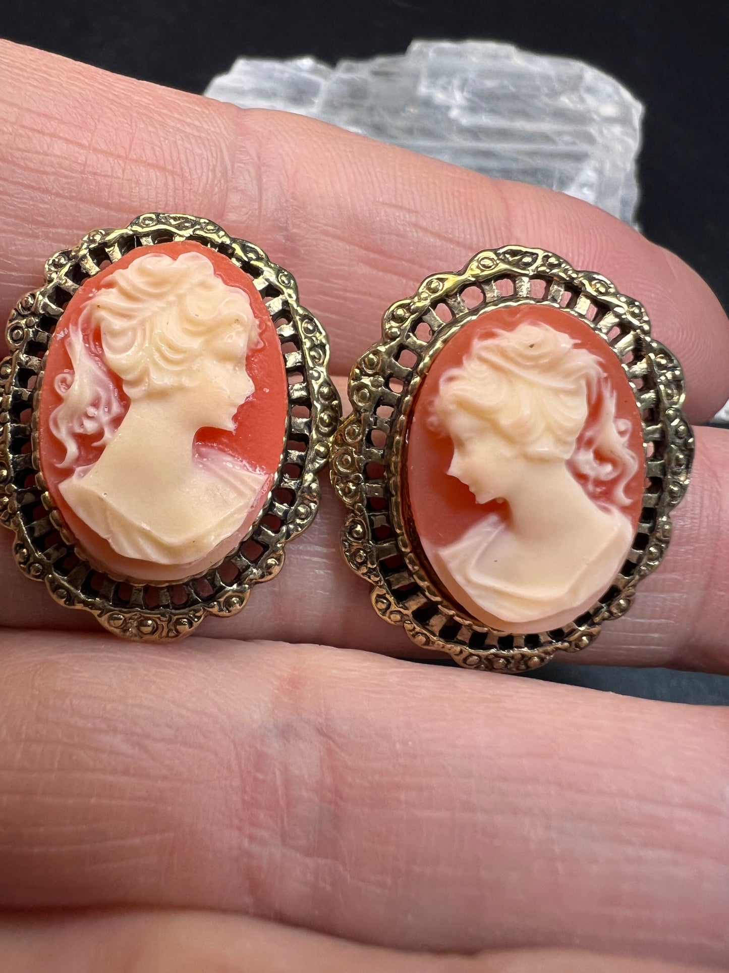 Vintage Carved Shell Cameo Stud Earrings Gold Tone Victorian Revival