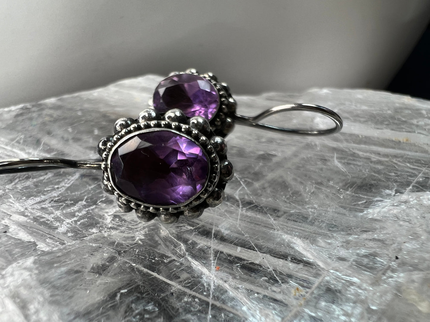 Vintage Balinese Sterling Silver Amethyst Drop Earrings Beaded Halo