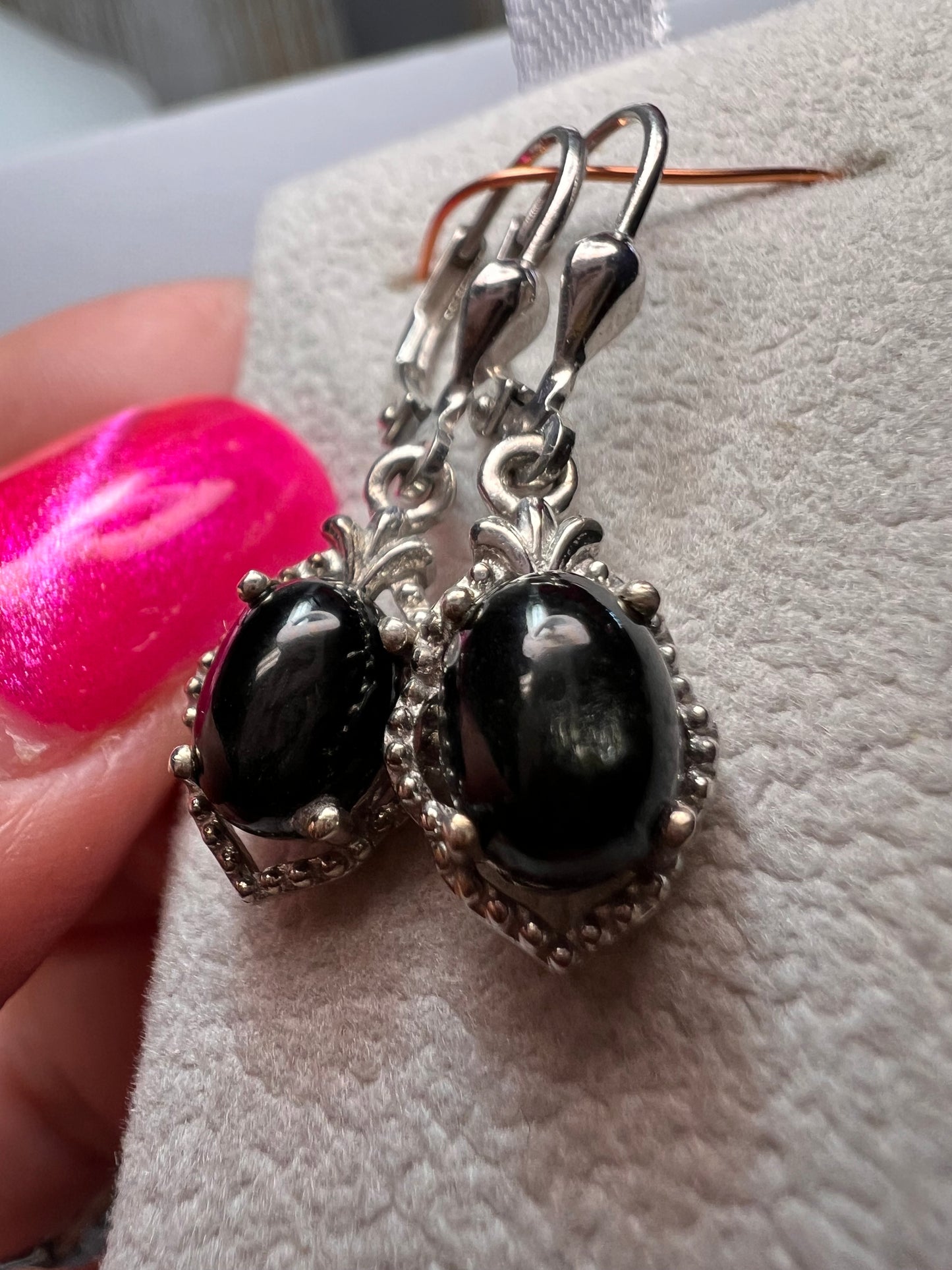 Black star sapphire sterling silver leverback earrings