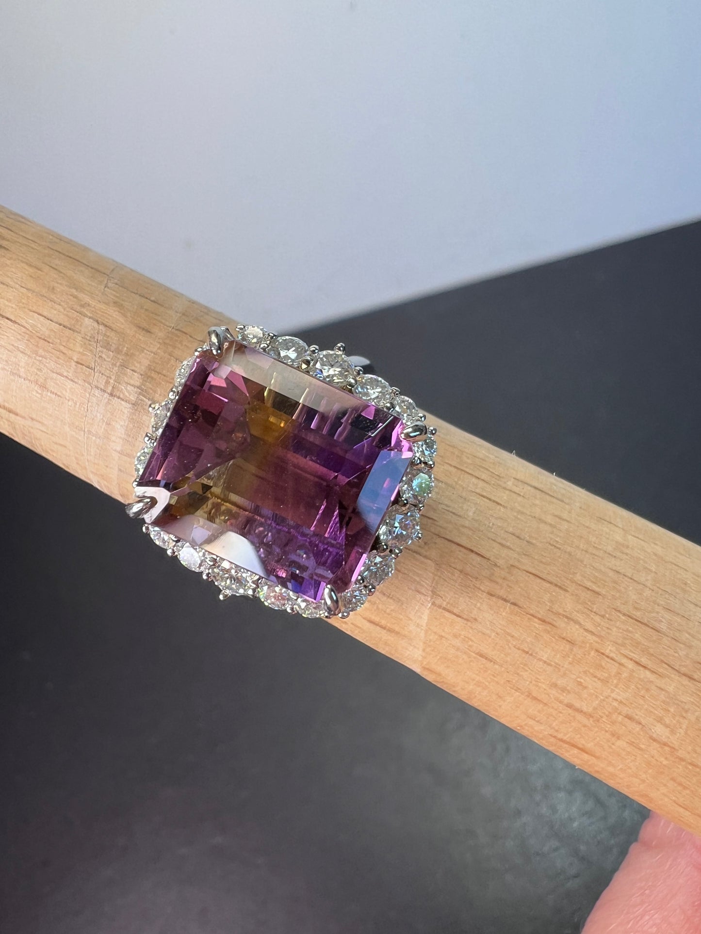 Ametrine and moissanite halo ring in rhodium over sterling silver size 8